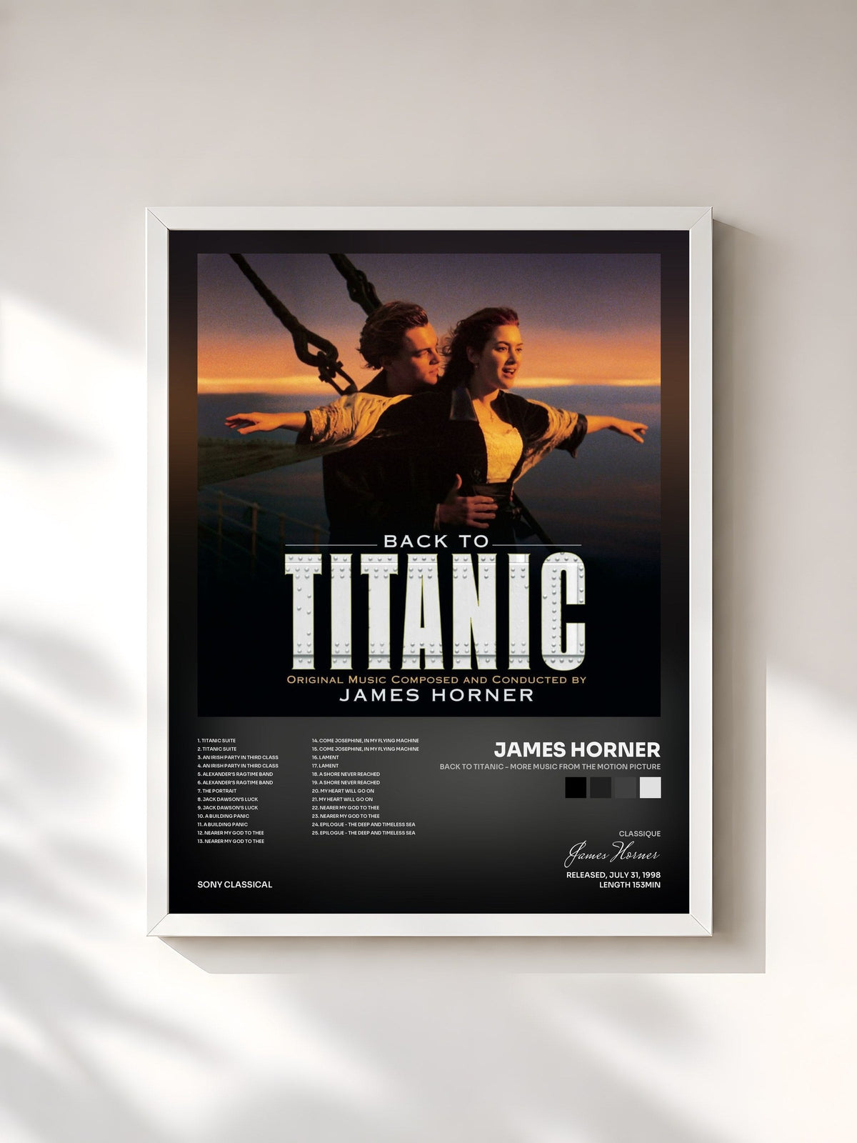 #blanc Tableau de l'album Back to Titanic - More Music from the Motion Picture de James Horner, cadre blanc, imprimé et encadré en France