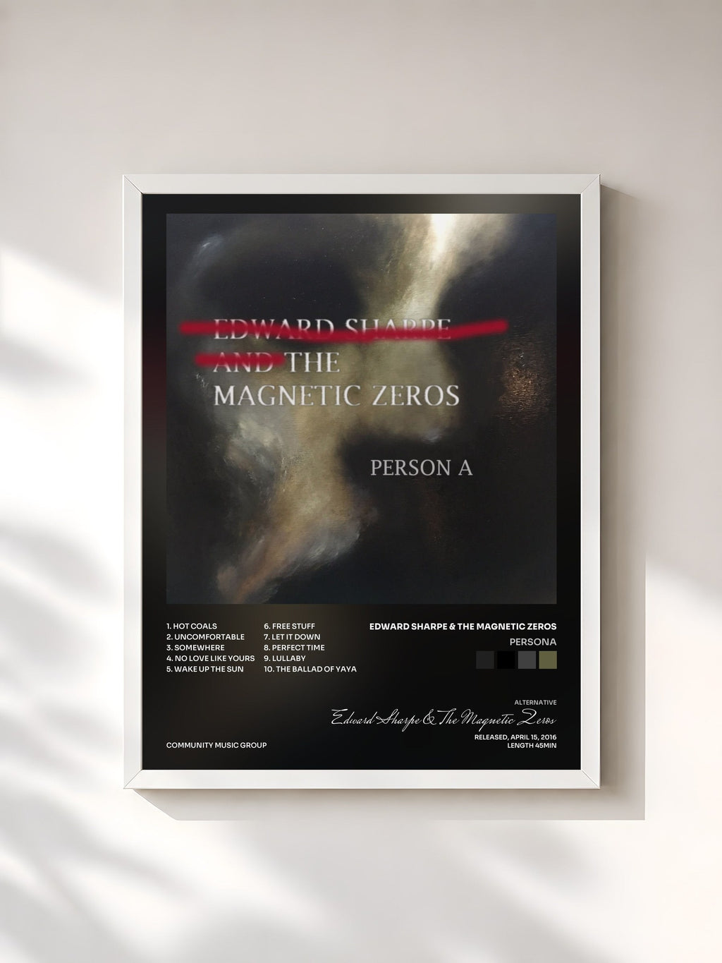 #blanc Tableau de l'album PersonA de Edward Sharpe & The Magnetic Zeros, cadre blanc, imprimé et encadré en France