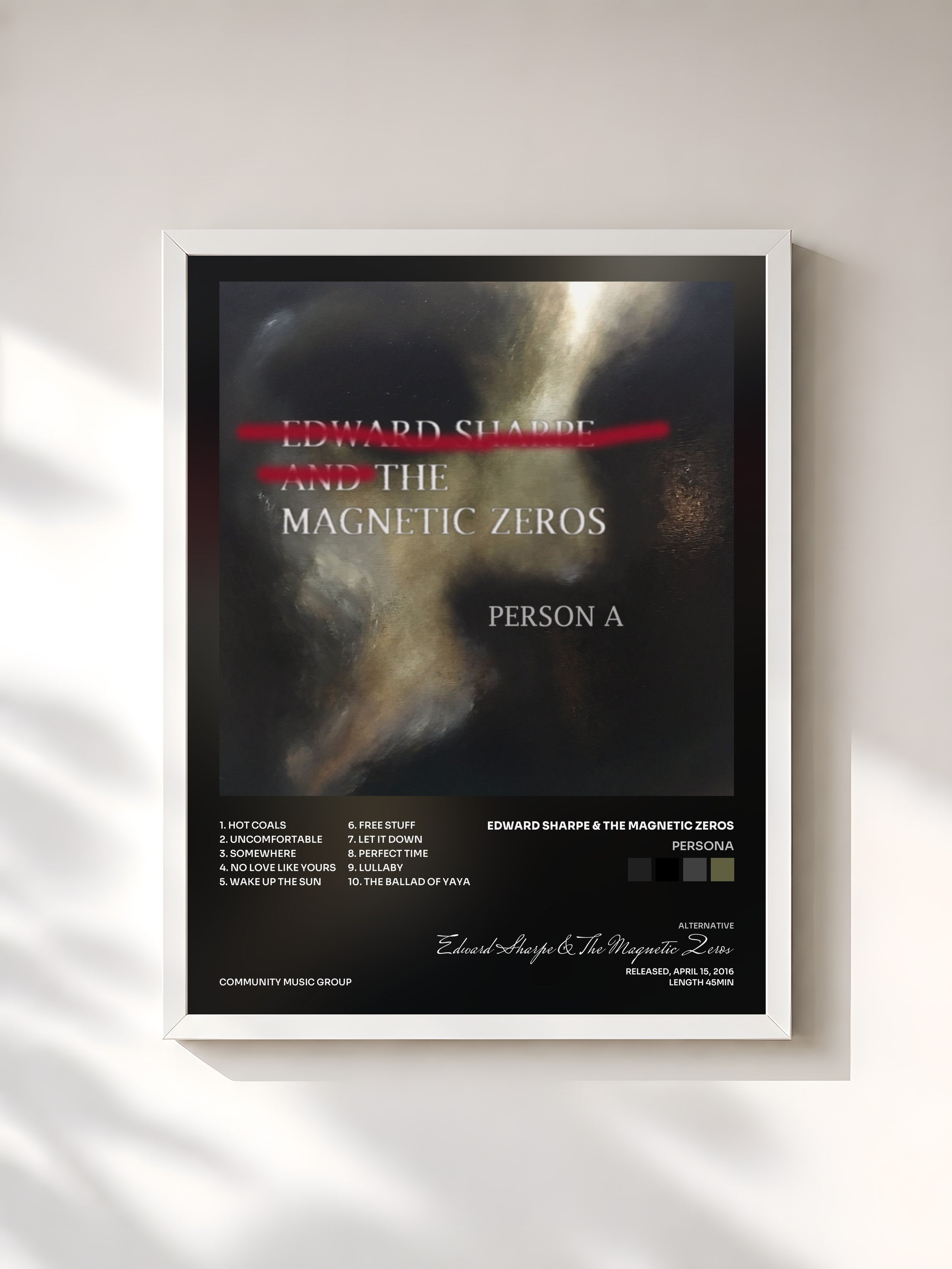 #blanc Tableau de l'album PersonA de Edward Sharpe & The Magnetic Zeros, cadre blanc, imprimé et encadré en France