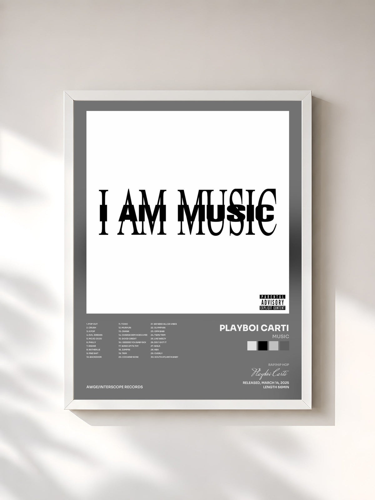 #blanc MUSIC by Playboi Carti as a framed art print, white frame, printed and framed in France