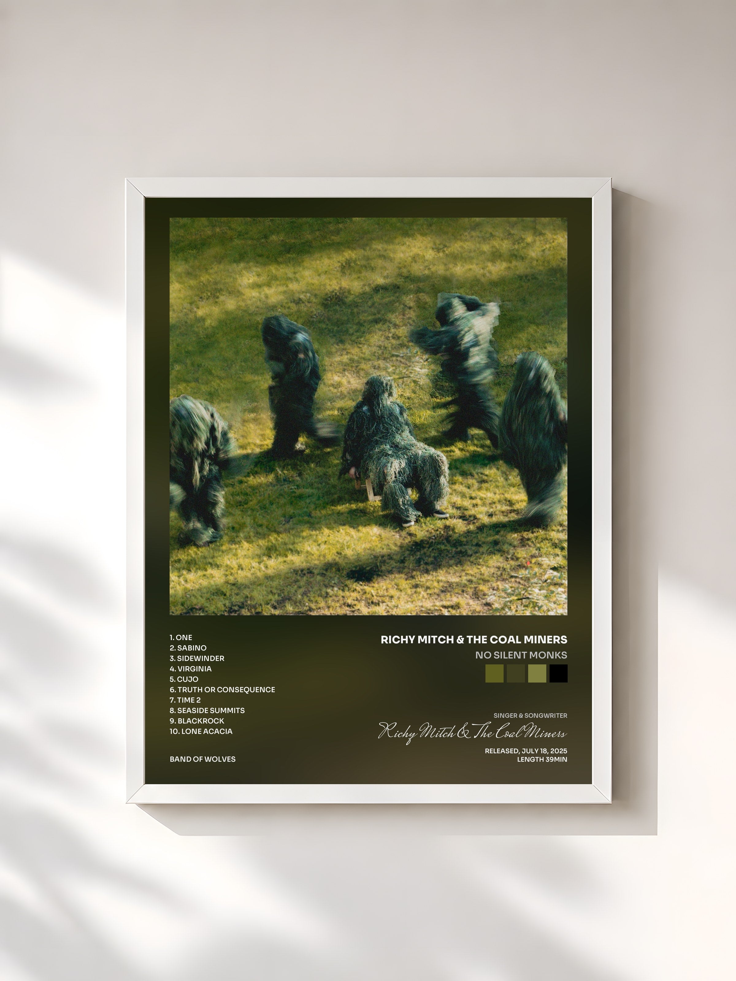 #blanc Tableau de l'album No Silent Monks de Richy Mitch & The Coal Miners, cadre blanc, imprimé et encadré en France