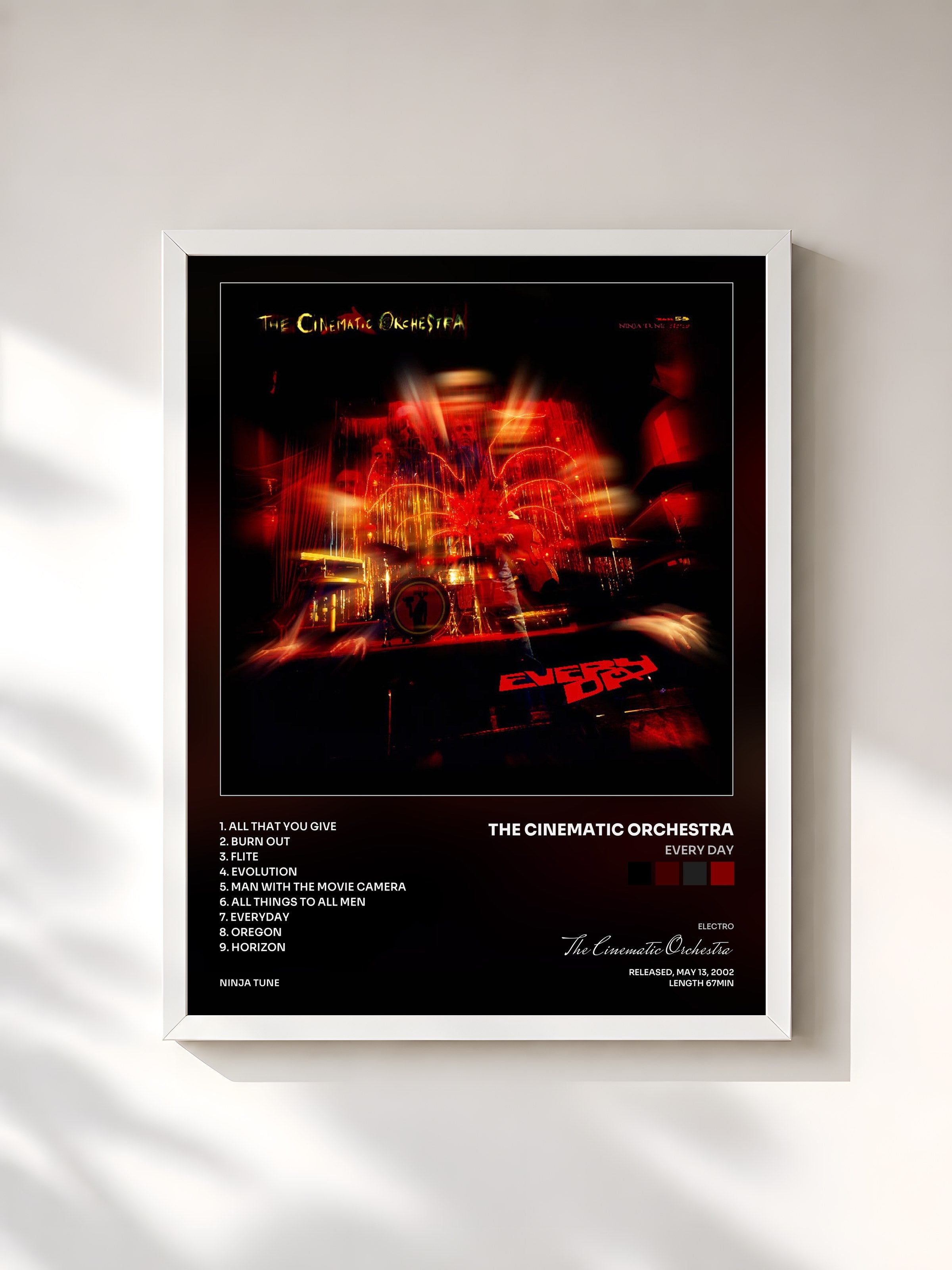 #blanc Tableau de l'album Every Day de The Cinematic Orchestra, cadre blanc, imprimé et encadré en France