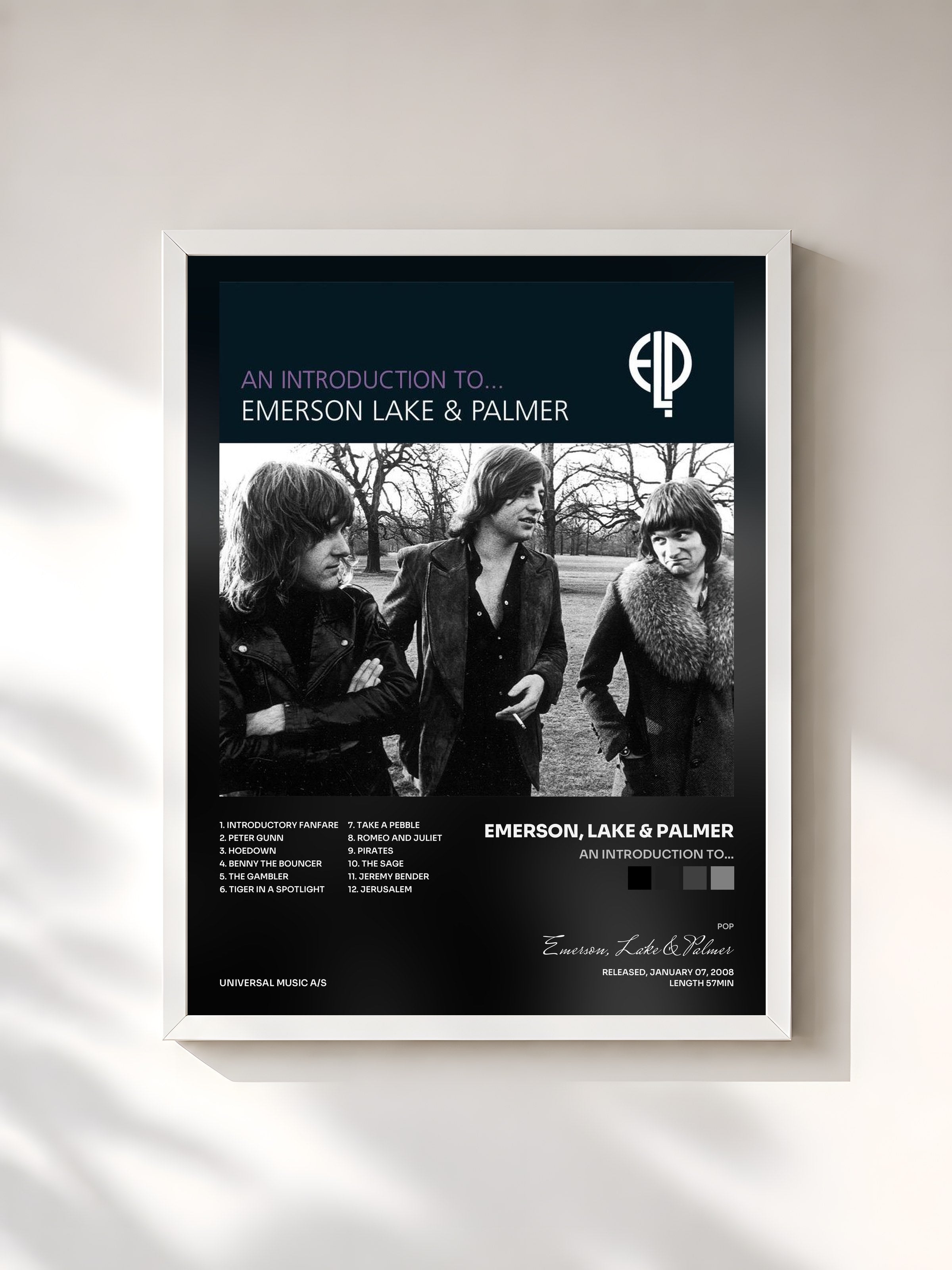 #blanc Tableau de l'album An Introduction To... de Emerson, Lake & Palmer, cadre blanc, imprimé et encadré en France