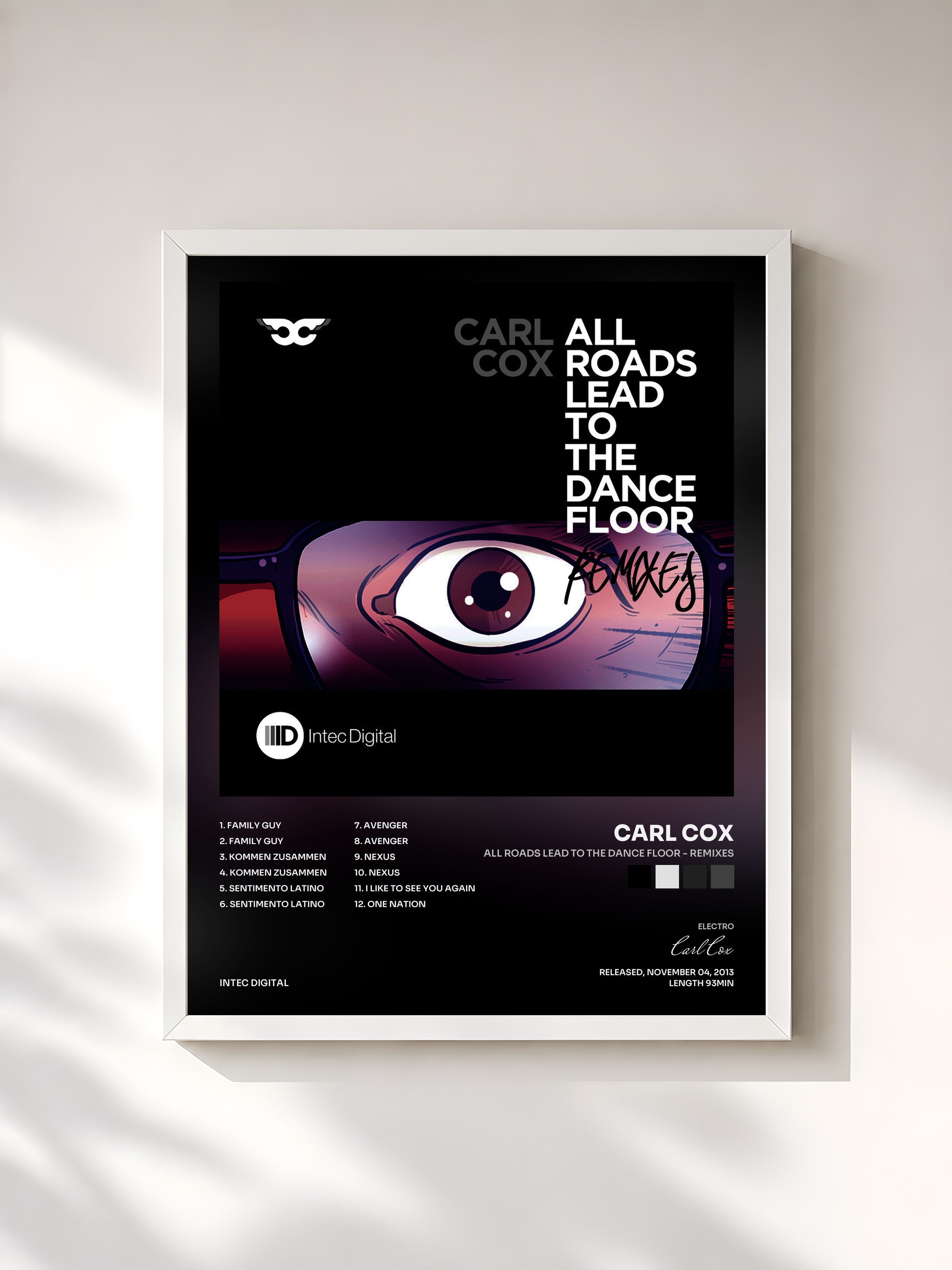 #blanc Tableau de l'album All Roads Lead to the Dance Floor - Remixes de Carl Cox, cadre blanc, imprimé et encadré en France