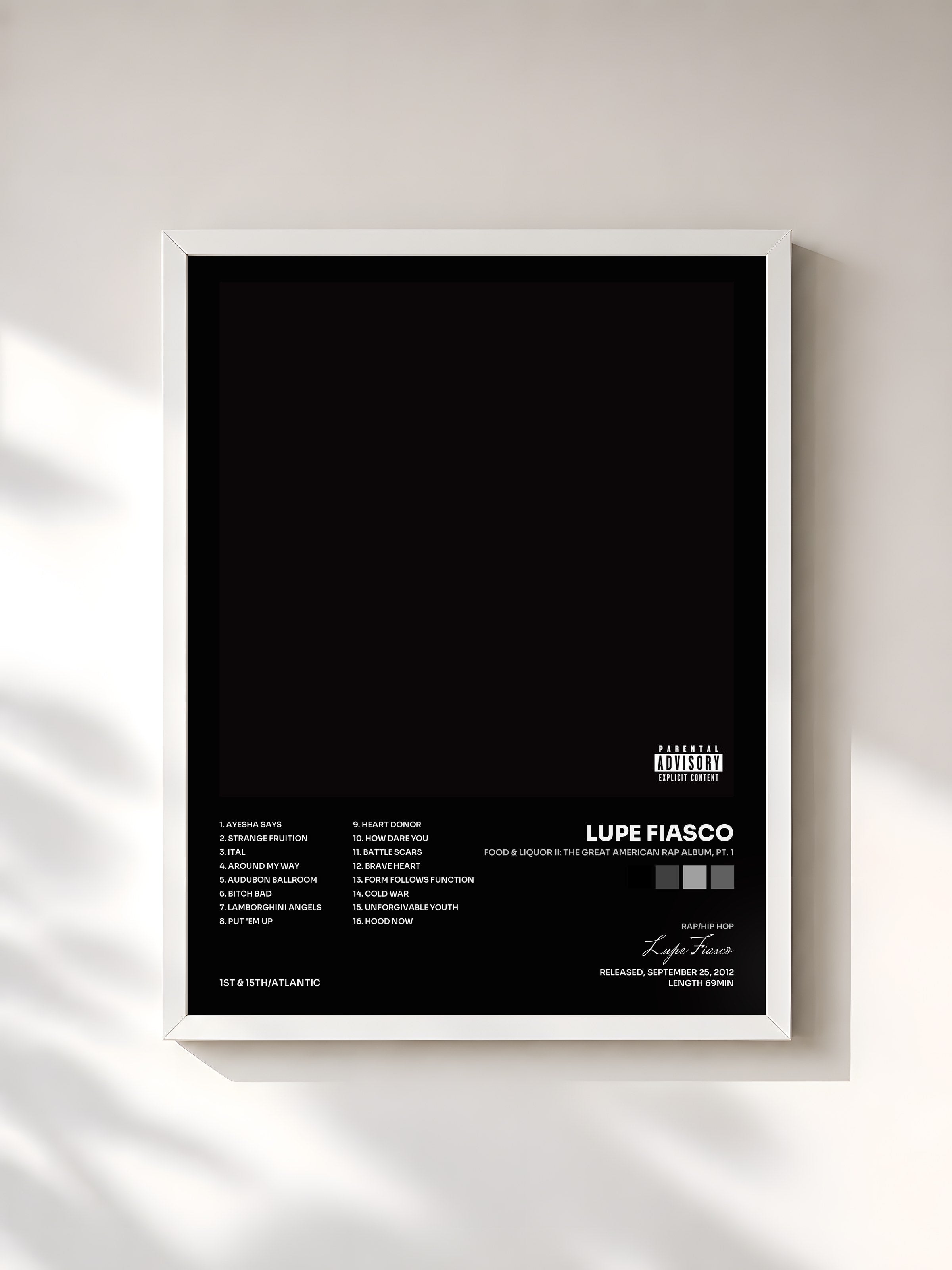 #blanc Tableau de l'album Food & Liquor II: The Great American Rap Album, Pt. 1 de Lupe Fiasco, cadre blanc, imprimé et encadré en France