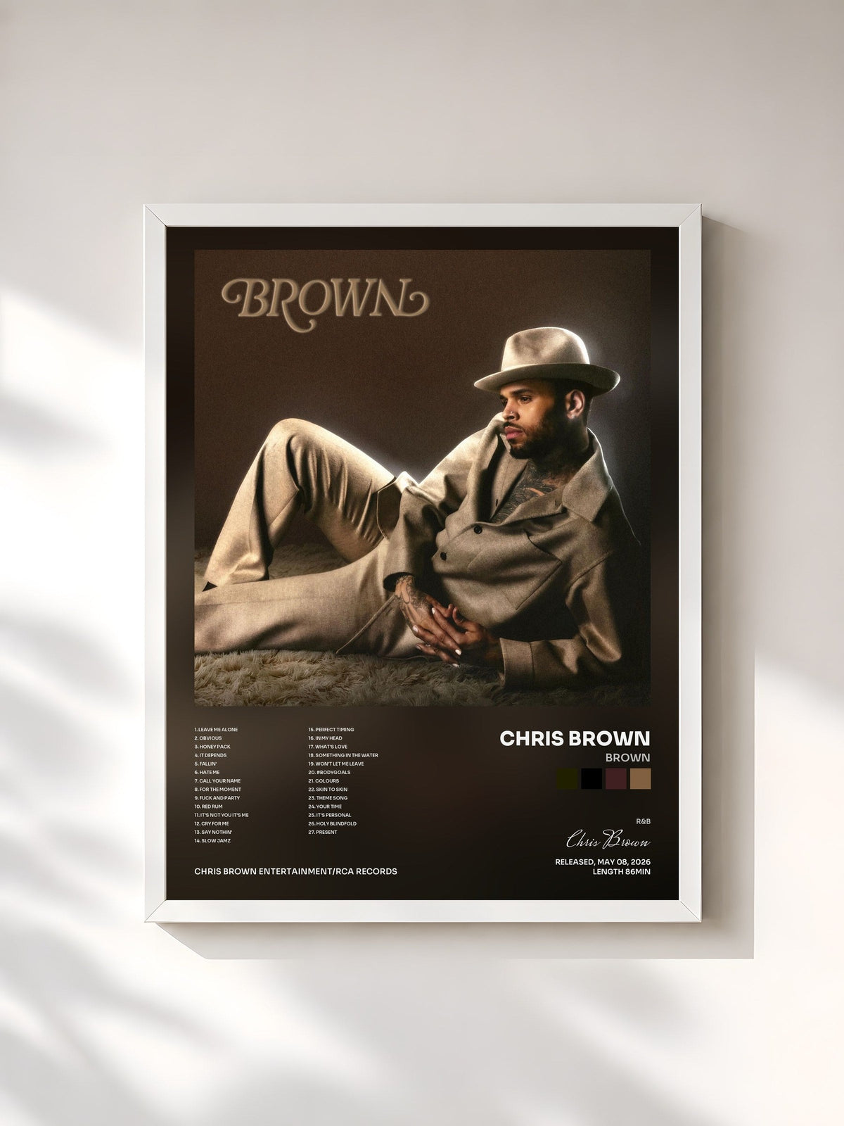 #blanc Tableau de l'album BROWN de Chris Brown, cadre blanc, imprimé et encadré en France