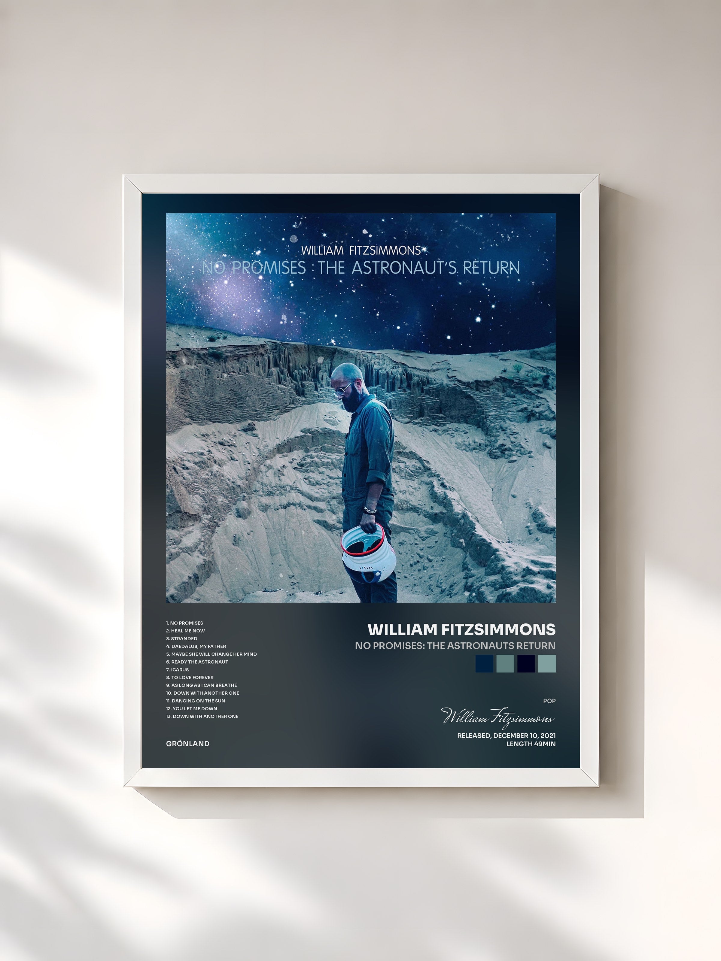 #blanc Tableau de l'album No Promises: The Astronauts Return de William Fitzsimmons, cadre blanc, imprimé et encadré en France