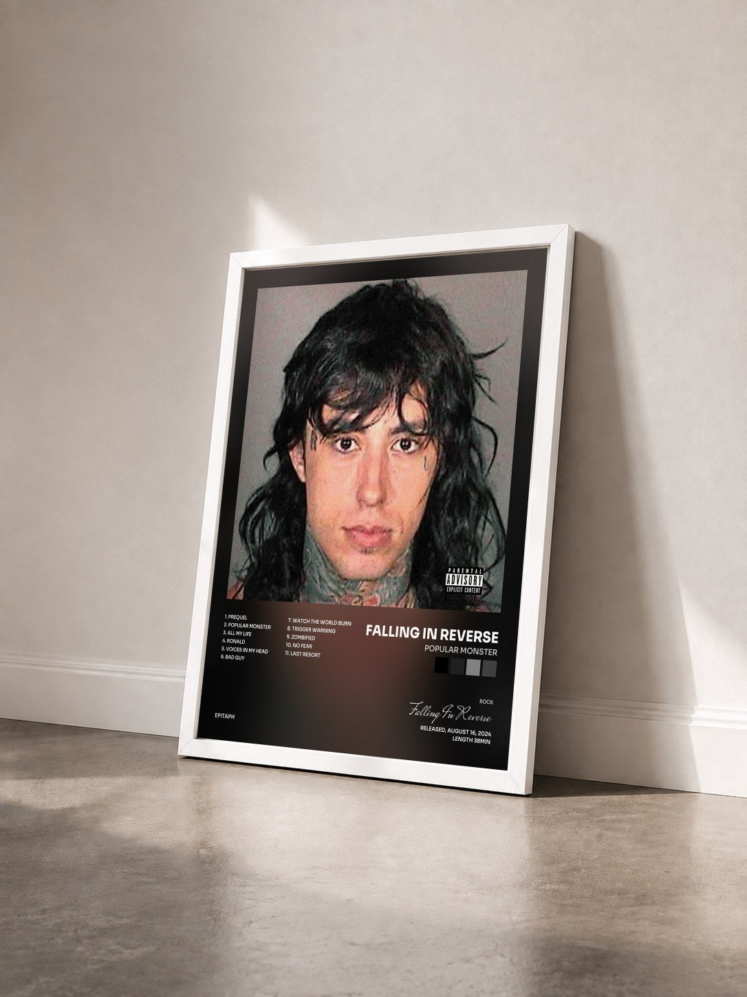 #blanc Popular Monster by Falling In Reverse as a framed art print seen at an angle, white frame
