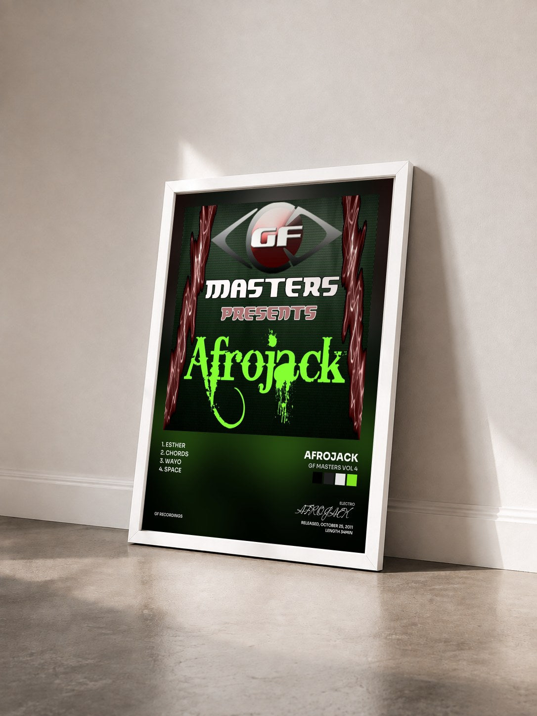 #blanc Tableau de l'album GF Masters Vol 4 de AFROJACK vu de trois quarts, cadre blanc