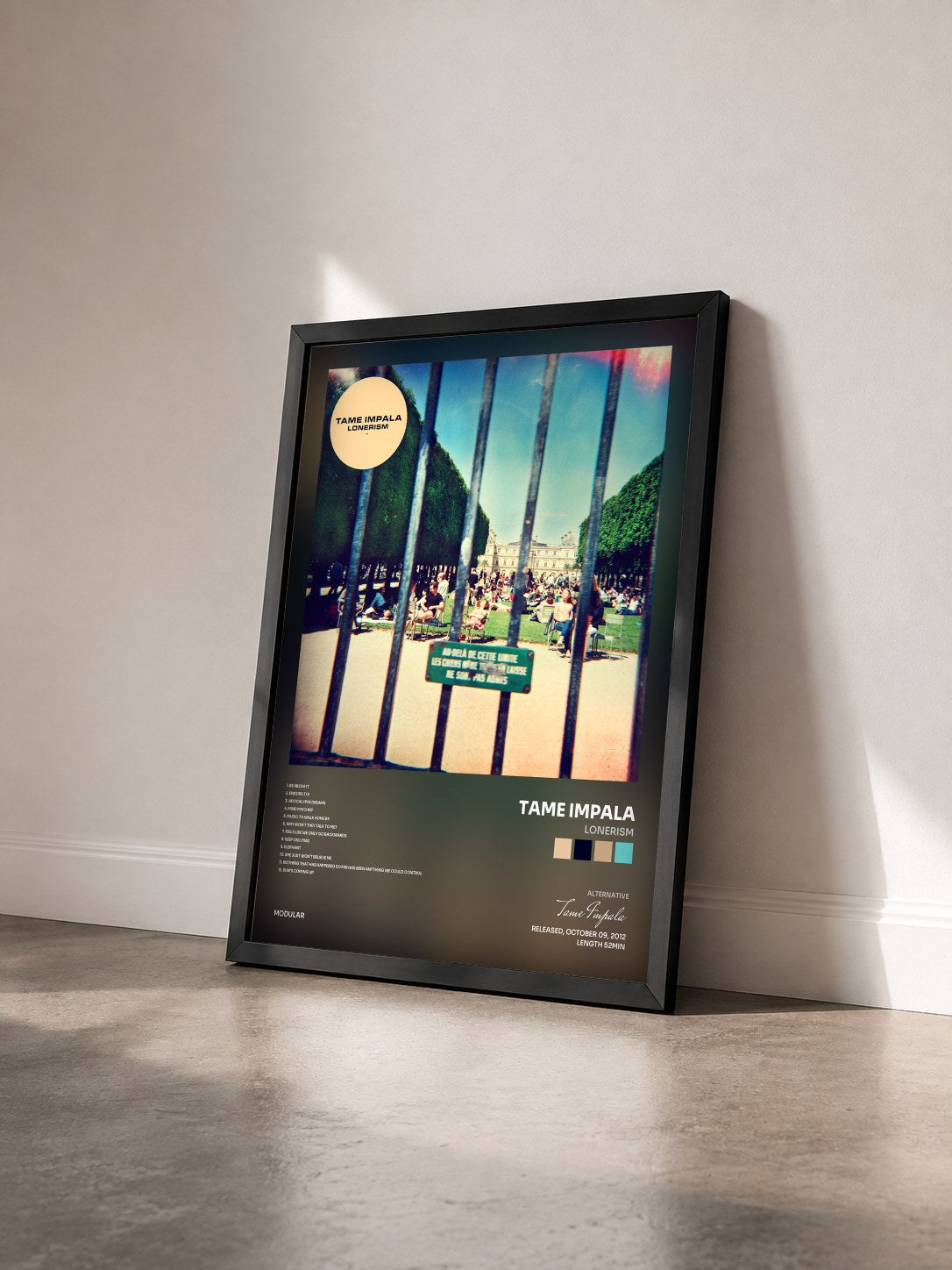 #noir Lonerism by Tame Impala as a framed art print seen at an angle, black frame