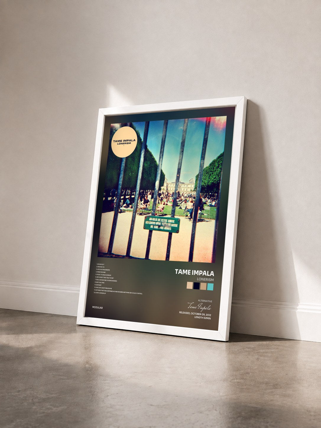 #blanc Lonerism by Tame Impala as a framed art print seen at an angle, white frame