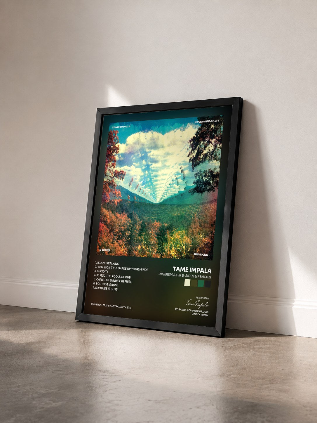 #noir Tableau de l'album InnerSpeaker B-Sides & Remixes de Tame Impala vu de trois quarts, cadre noir