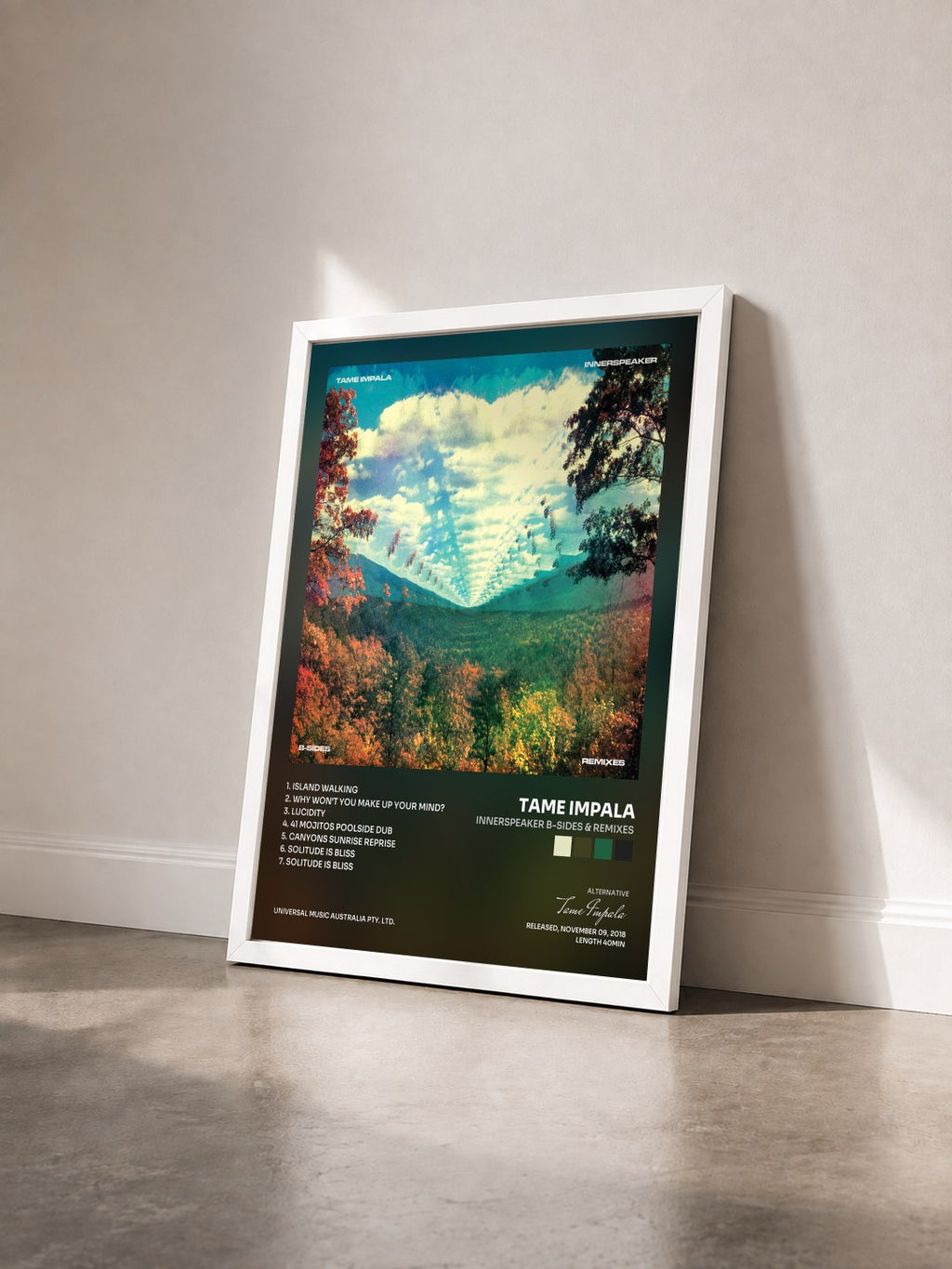 #blanc InnerSpeaker B-Sides & Remixes de Tame Impala en lámina enmarcada vista de tres cuartos, marco blanco