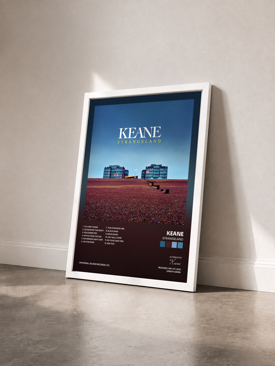 #blanc Tableau de l'album Strangeland de Keane vu de trois quarts, cadre blanc