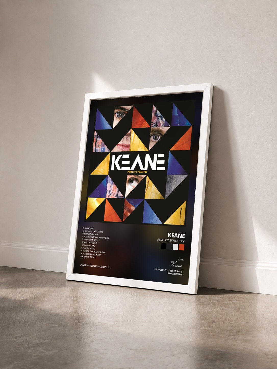#blanc Tableau de l'album Perfect Symmetry de Keane vu de trois quarts, cadre blanc