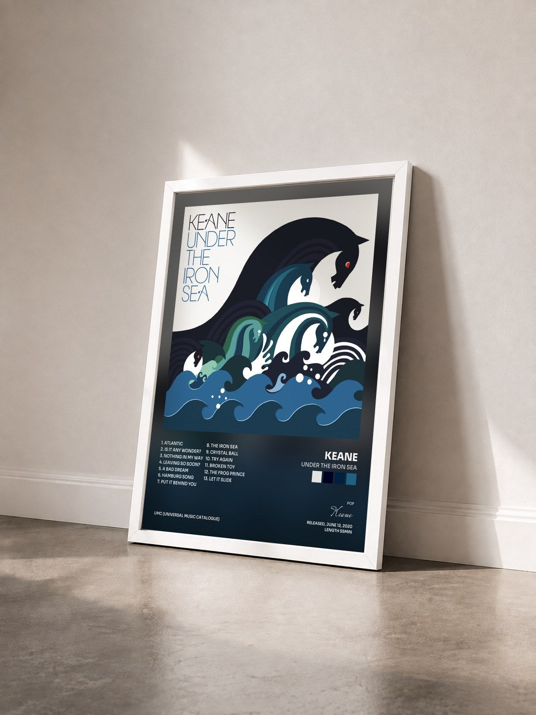 #blanc Tableau de l'album Under The Iron Sea de Keane vu de trois quarts, cadre blanc