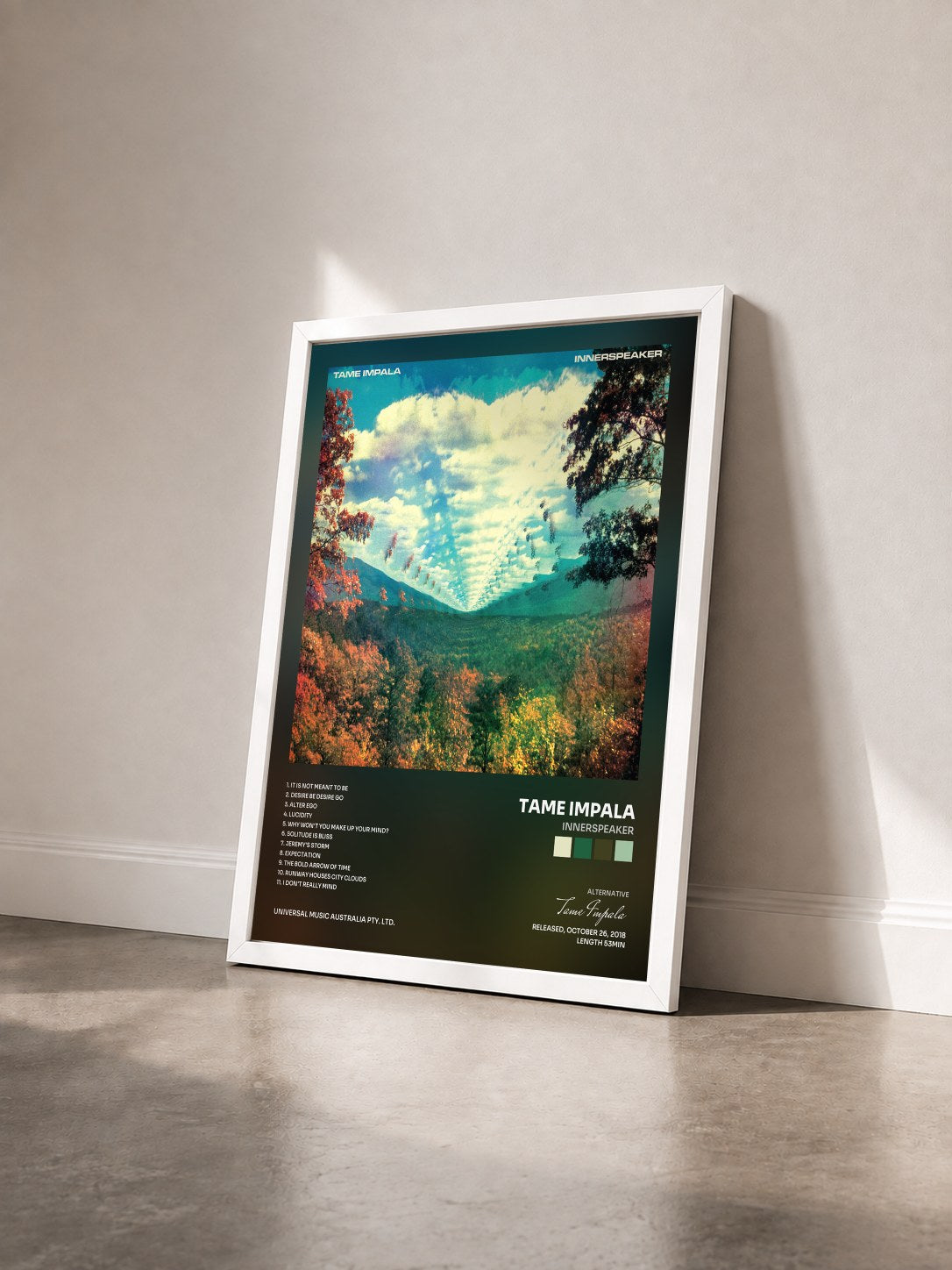 #blanc Tableau de l'album InnerSpeaker de Tame Impala vu de trois quarts, cadre blanc