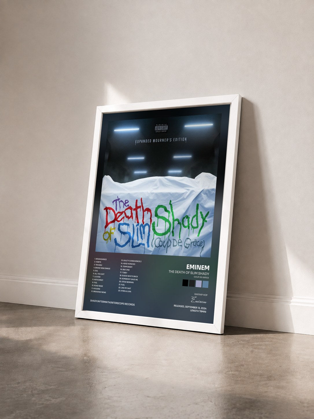 #blanc Tableau de l'album The Death of Slim Shady (Coup De Grâce): Expanded Mourner’s Edition de Eminem vu de trois quarts, cadre blanc