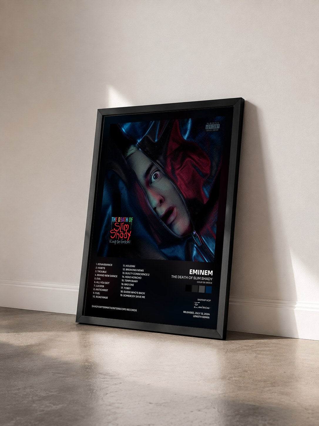 #noir Tableau de l'album The Death of Slim Shady (Coup De Grâce) de Eminem vu de trois quarts, cadre noir