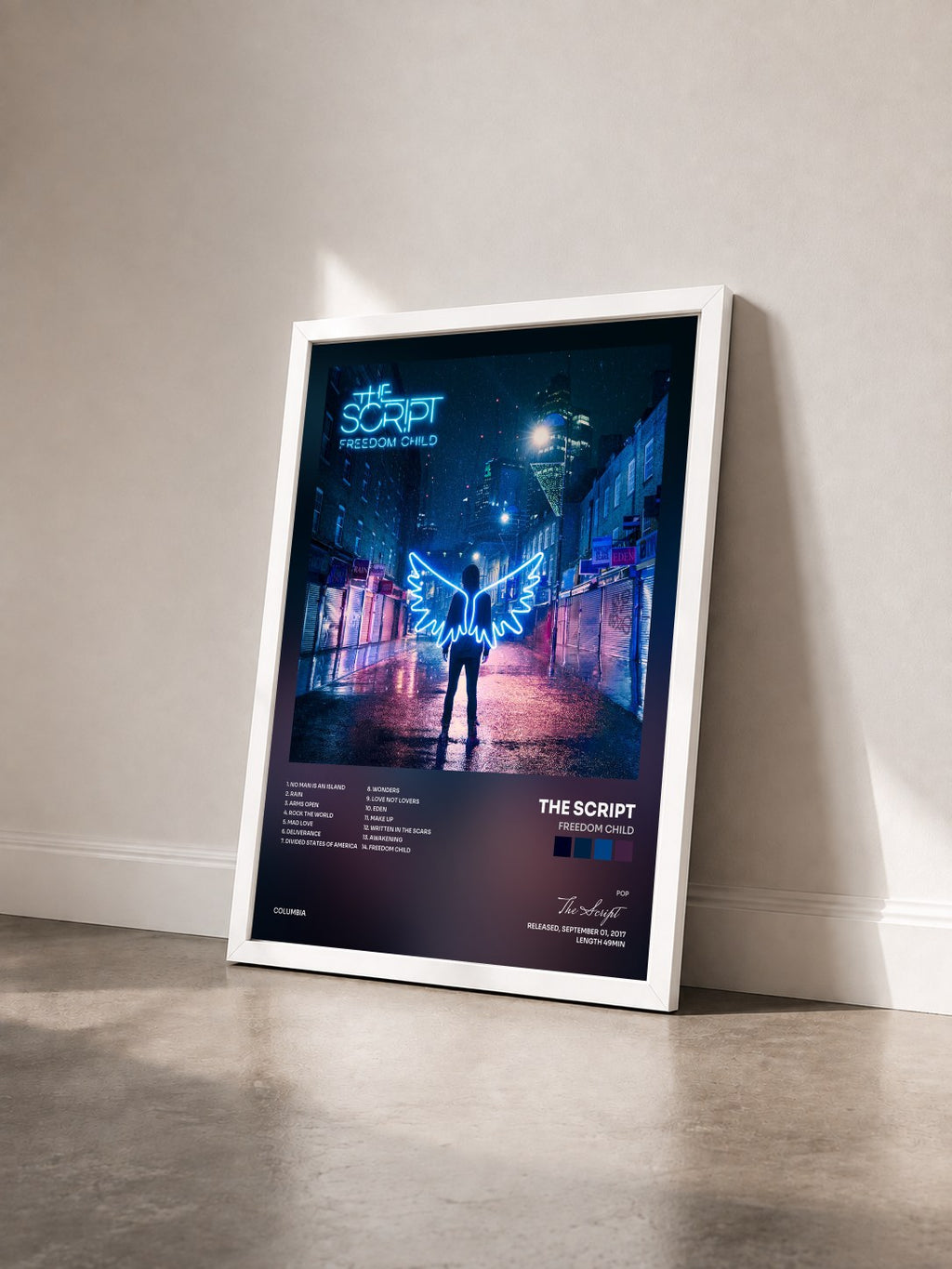 #blanc Tableau de l'album Freedom Child de The Script vu de trois quarts, cadre blanc