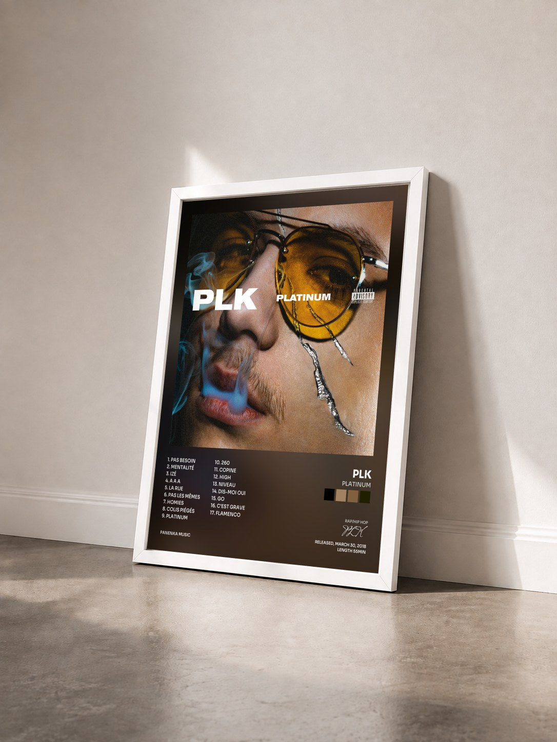 #blanc Tableau de l'album Platinum de PLK vu de trois quarts, cadre blanc