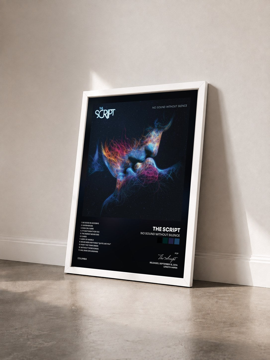 #blanc Tableau de l'album No Sound Without Silence de The Script vu de trois quarts, cadre blanc