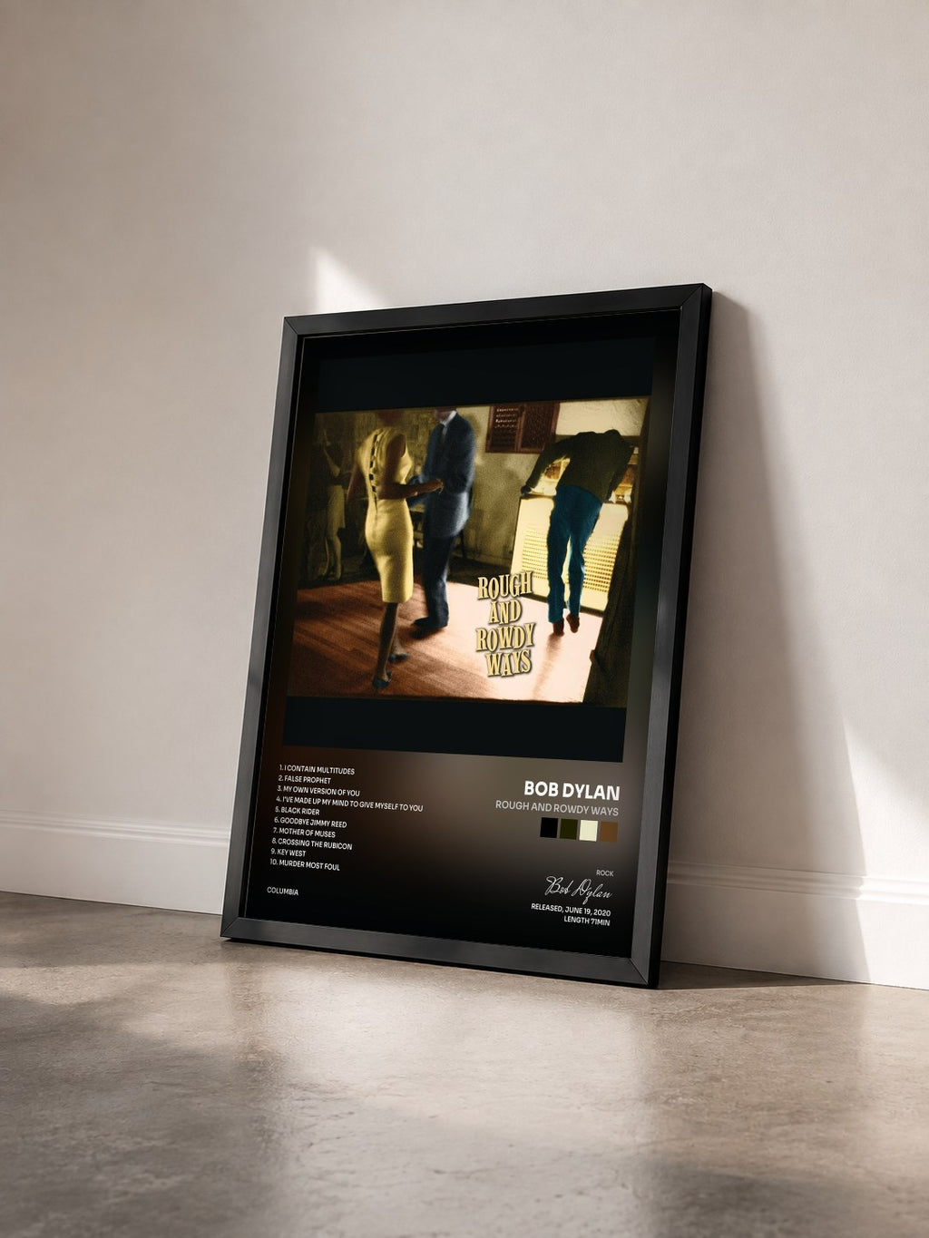 #noir Tableau de l'album Rough and Rowdy Ways de Bob Dylan vu de trois quarts, cadre noir