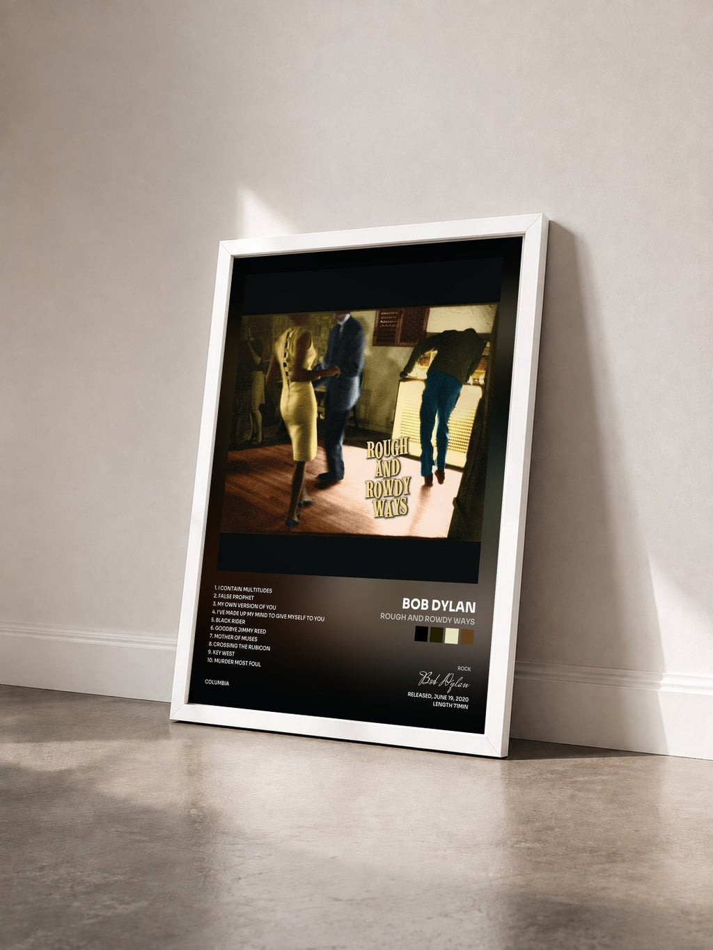 #blanc Tableau de l'album Rough and Rowdy Ways de Bob Dylan vu de trois quarts, cadre blanc