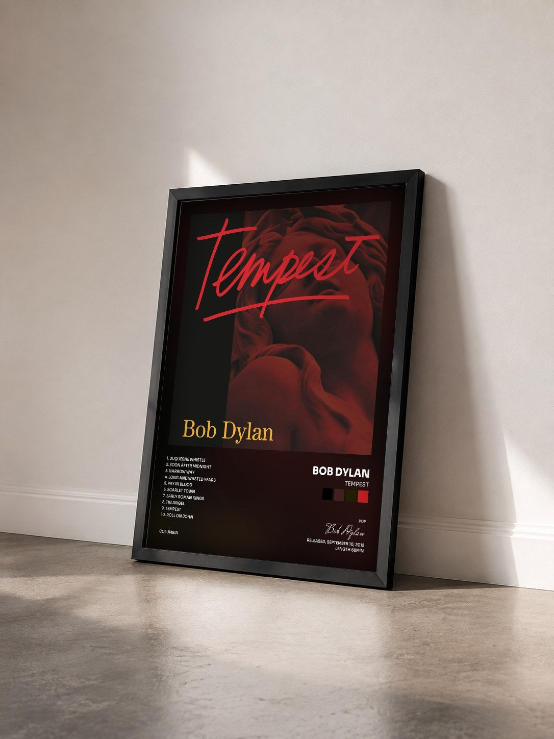 #noir Tableau de l'album Tempest de Bob Dylan vu de trois quarts, cadre noir