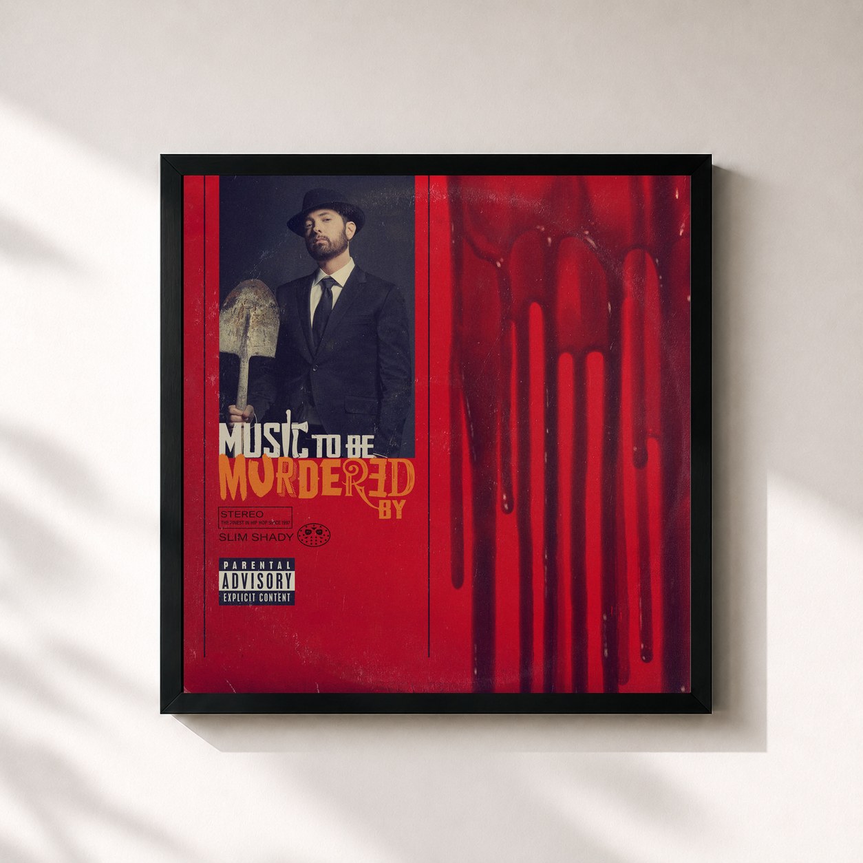 #noir Tableau carré de l'album Music To Be Murdered By de Eminem, cadre noir 32x32 cm