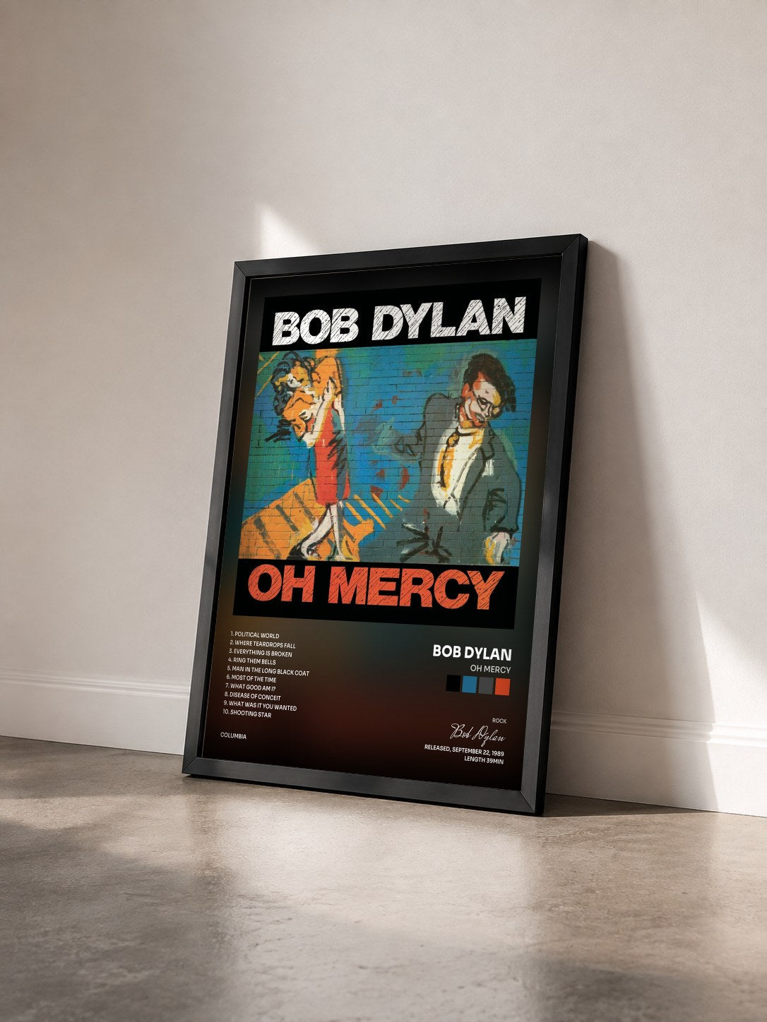 #noir Tableau de l'album Oh Mercy de Bob Dylan vu de trois quarts, cadre noir
