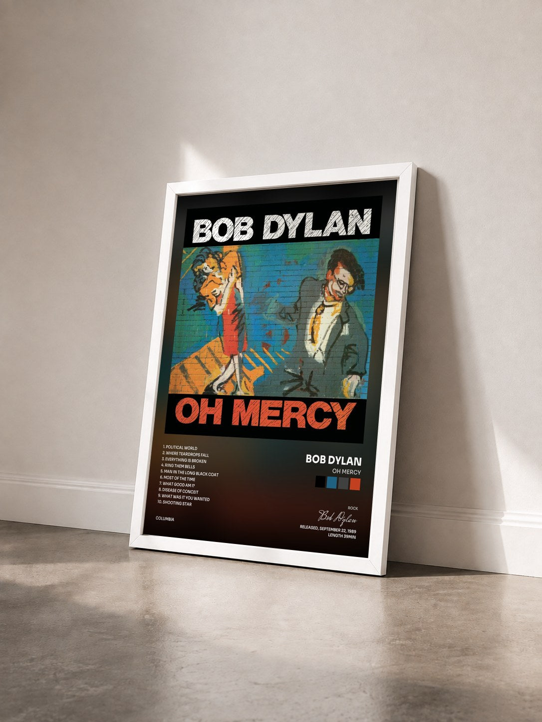 #blanc Tableau de l'album Oh Mercy de Bob Dylan vu de trois quarts, cadre blanc