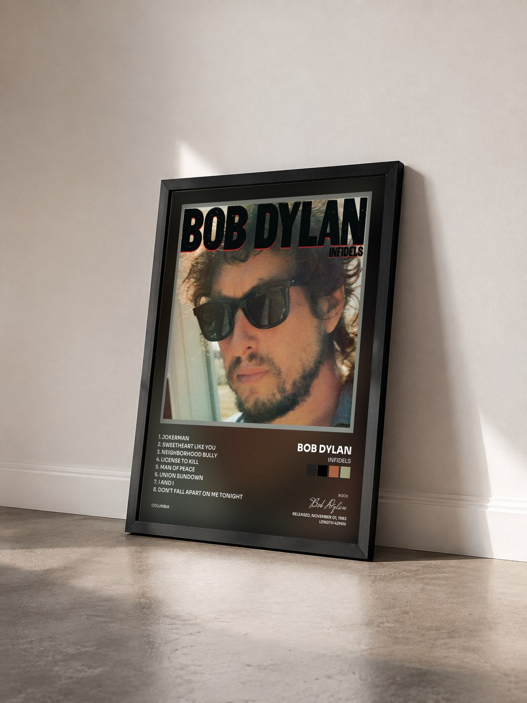 #noir Tableau de l'album Infidels de Bob Dylan vu de trois quarts, cadre noir