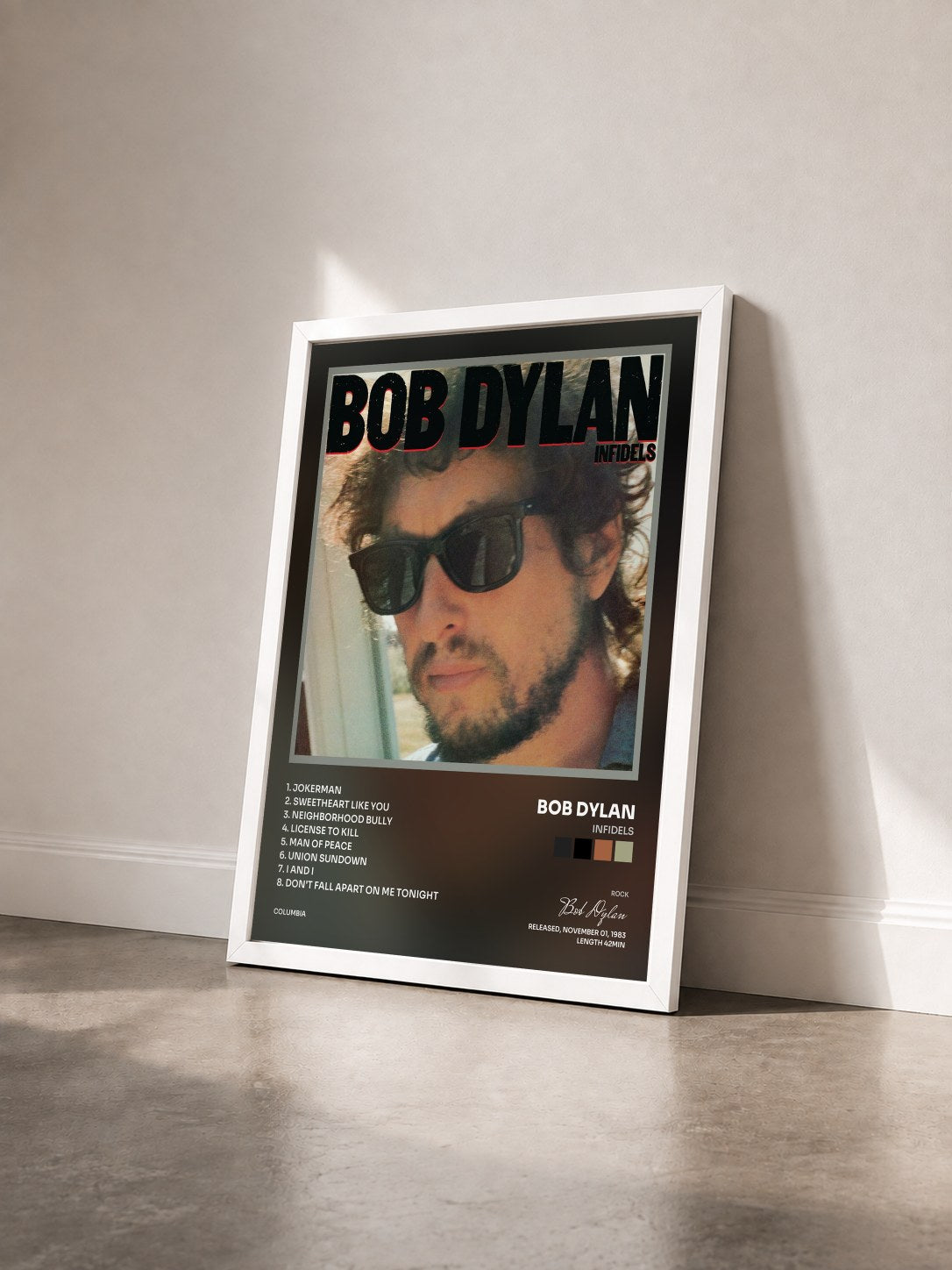 #blanc Tableau de l'album Infidels de Bob Dylan vu de trois quarts, cadre blanc