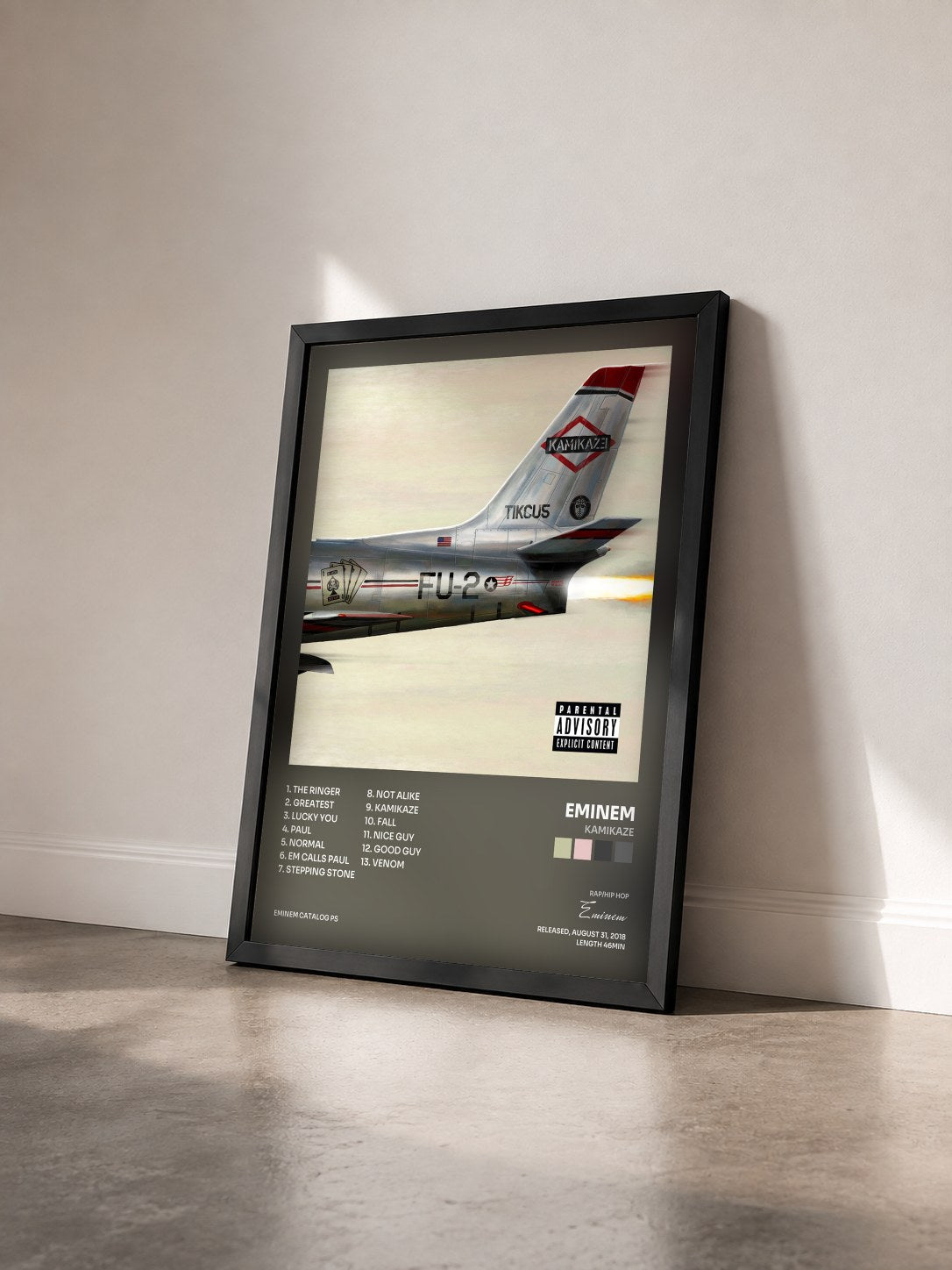 #noir Kamikaze di Eminem in stampa incorniciata vista di tre quarti, cornice nera