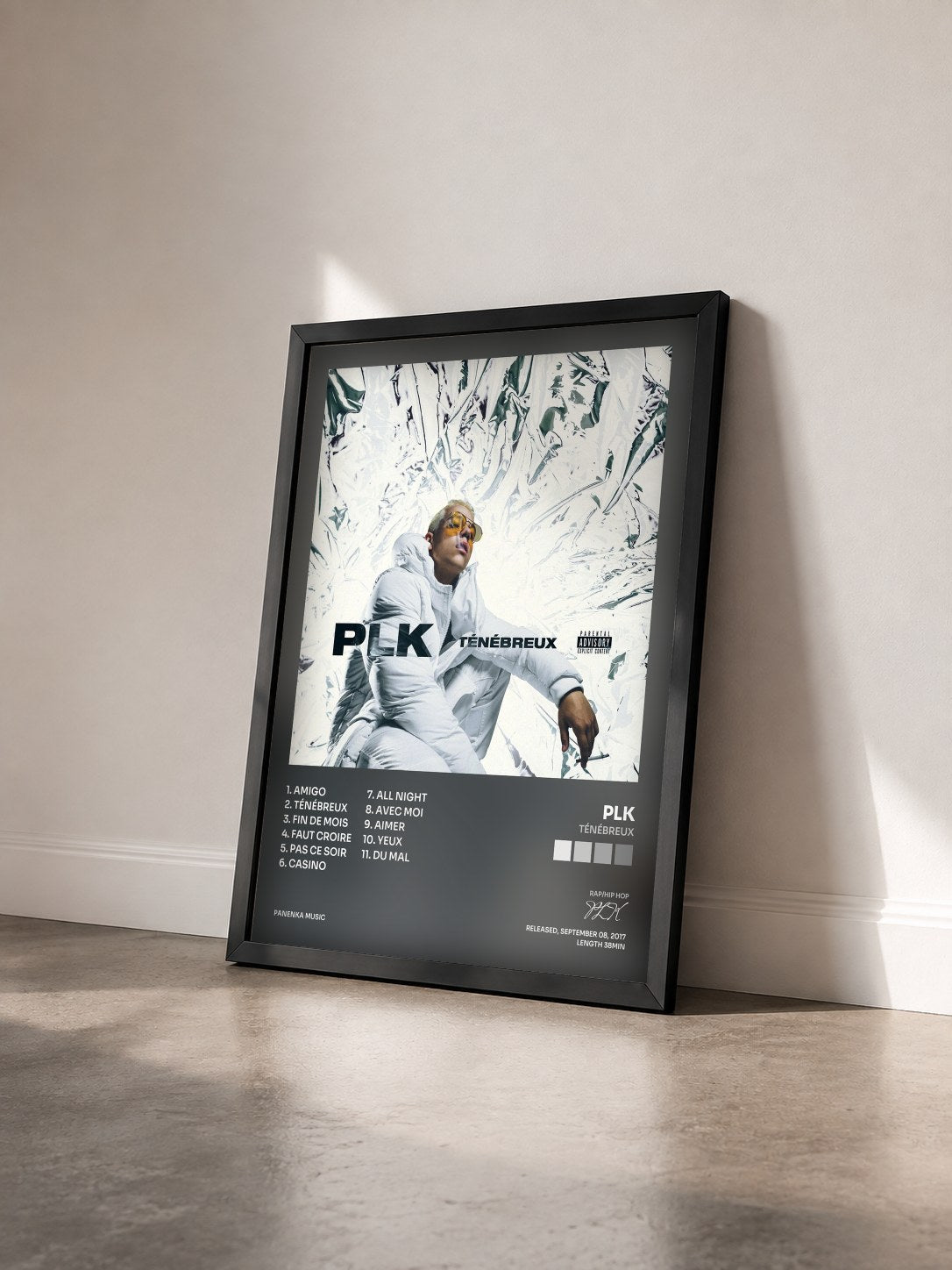 #noir Tableau de l'album Ténébreux de PLK vu de trois quarts, cadre noir