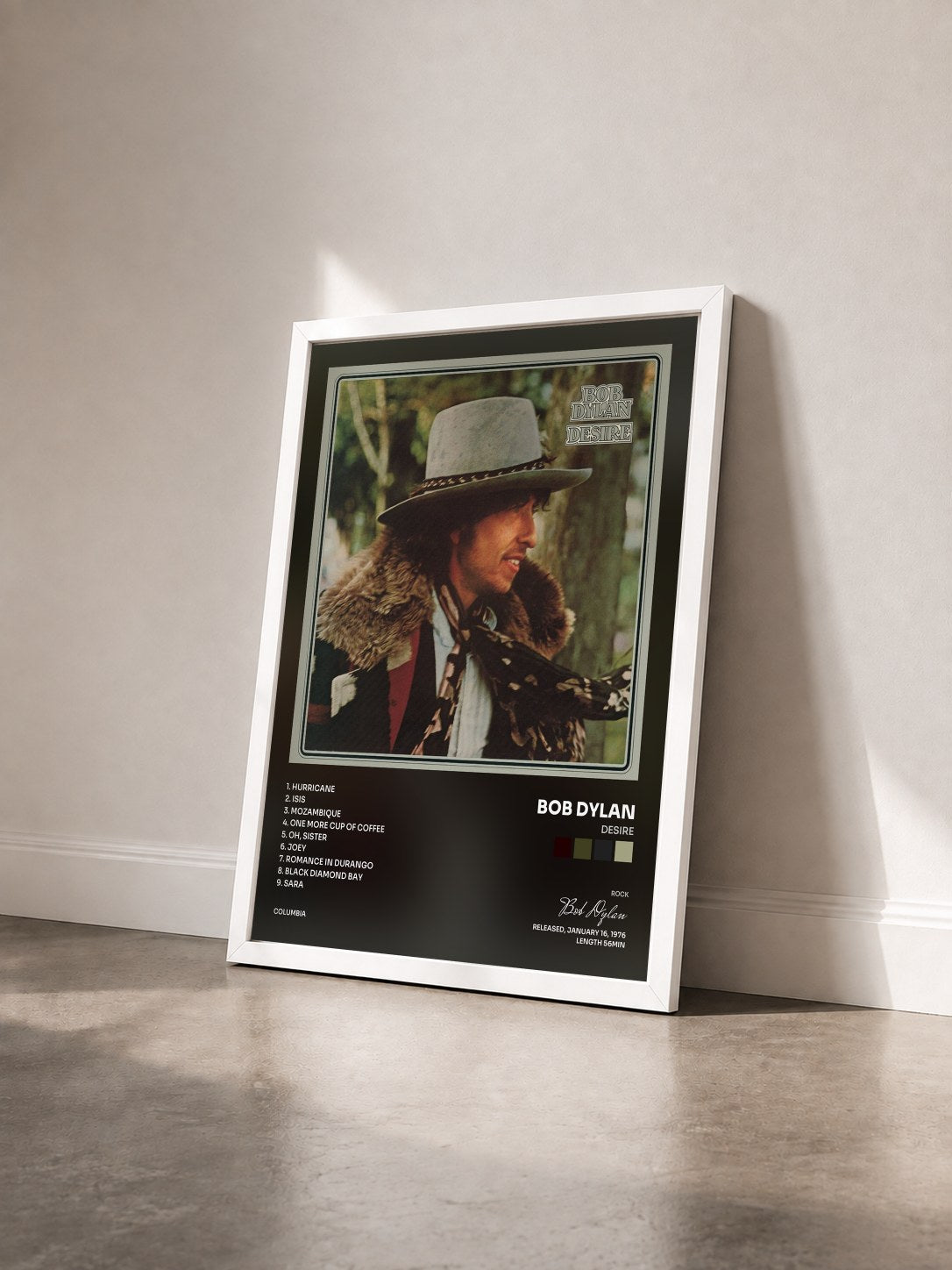 #blanc Tableau de l'album Desire de Bob Dylan vu de trois quarts, cadre blanc