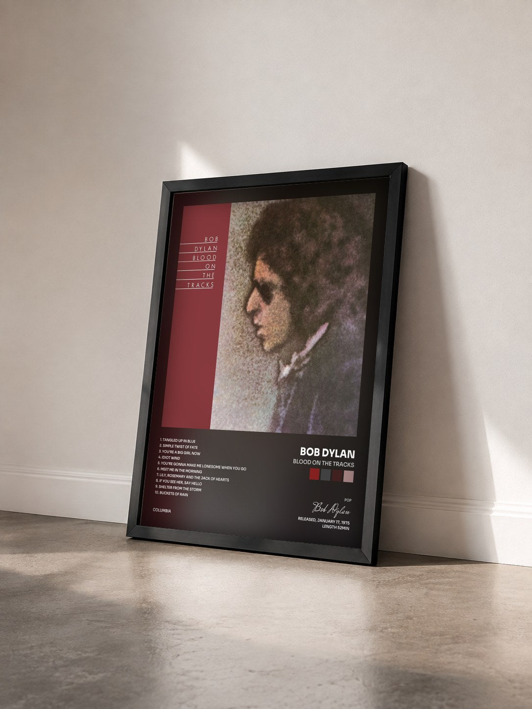 #noir Tableau de l'album Blood On The Tracks de Bob Dylan vu de trois quarts, cadre noir