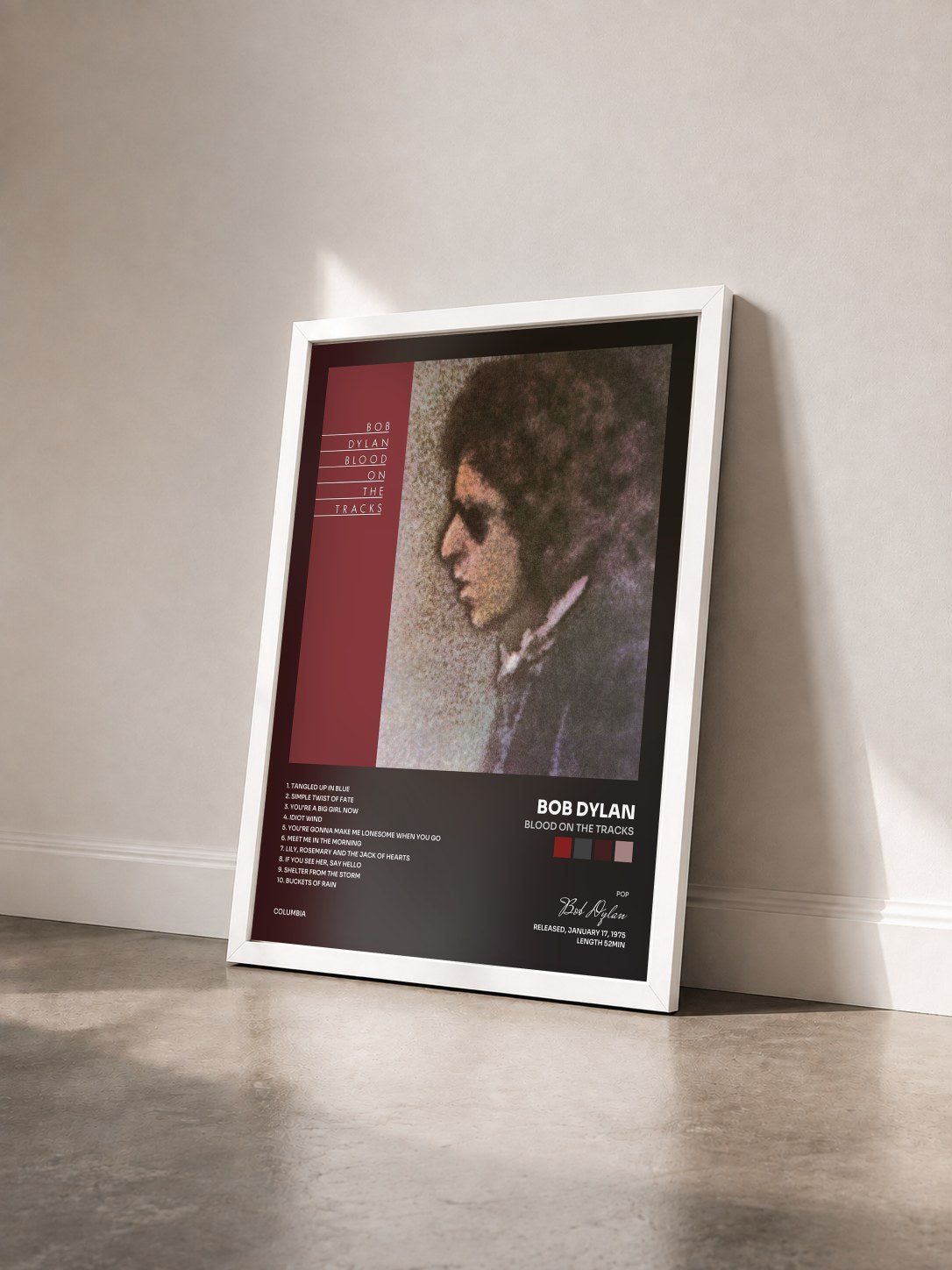 #blanc Tableau de l'album Blood On The Tracks de Bob Dylan vu de trois quarts, cadre blanc