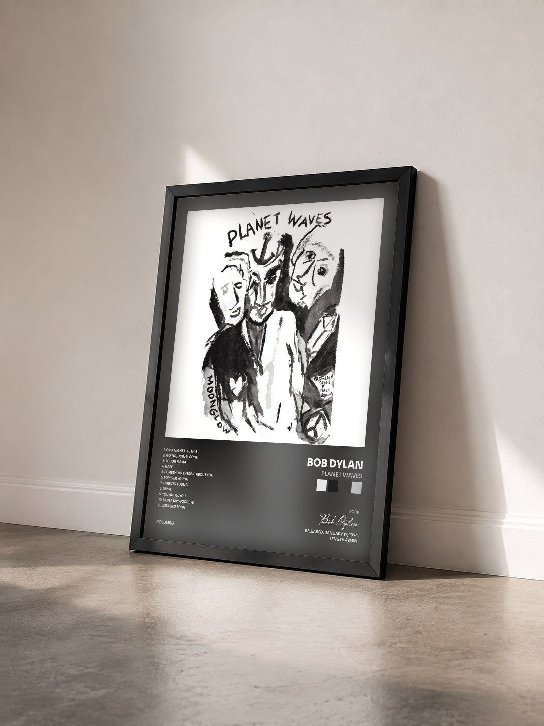 #noir Tableau de l'album Planet Waves de Bob Dylan vu de trois quarts, cadre noir