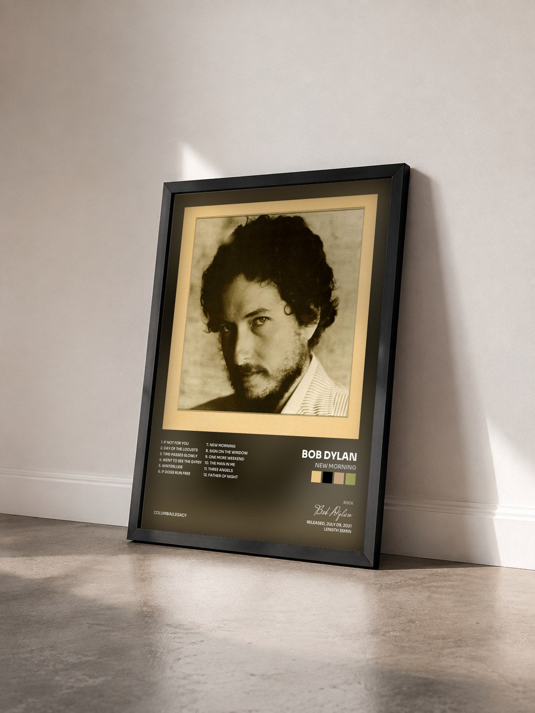#noir Tableau de l'album New Morning de Bob Dylan vu de trois quarts, cadre noir