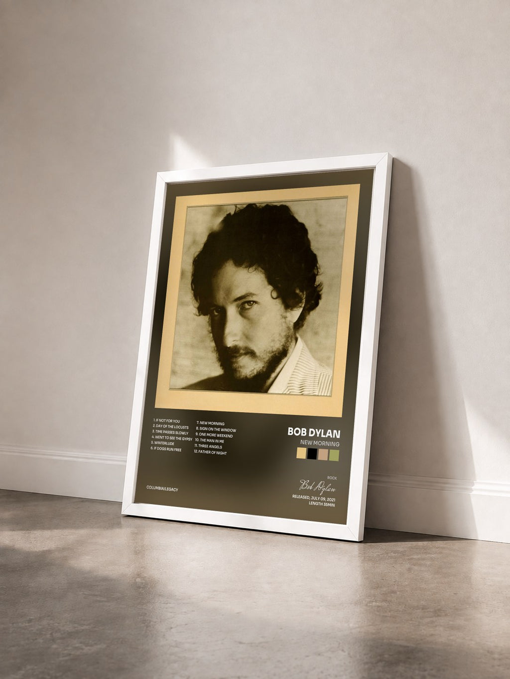 #blanc Tableau de l'album New Morning de Bob Dylan vu de trois quarts, cadre blanc