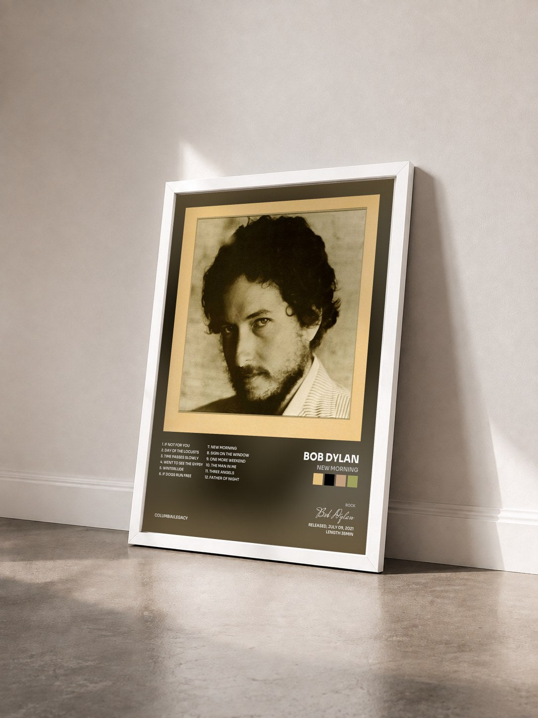 #blanc Tableau de l'album New Morning de Bob Dylan vu de trois quarts, cadre blanc