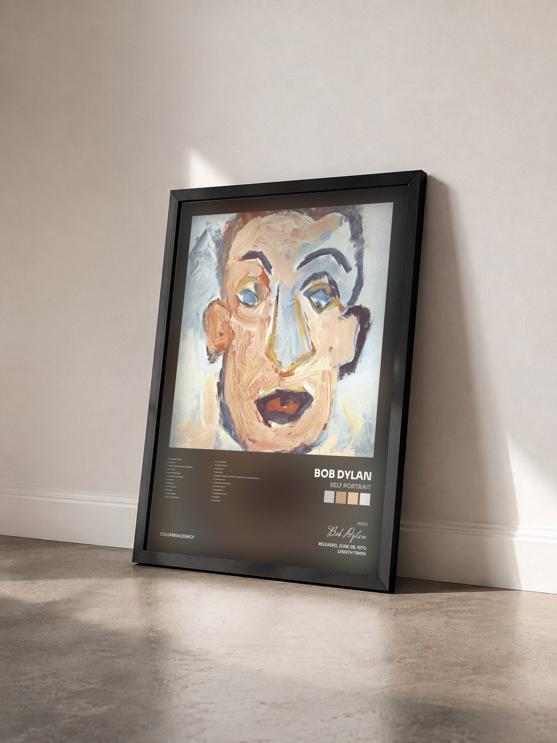 #noir Tableau de l'album Self Portrait de Bob Dylan vu de trois quarts, cadre noir