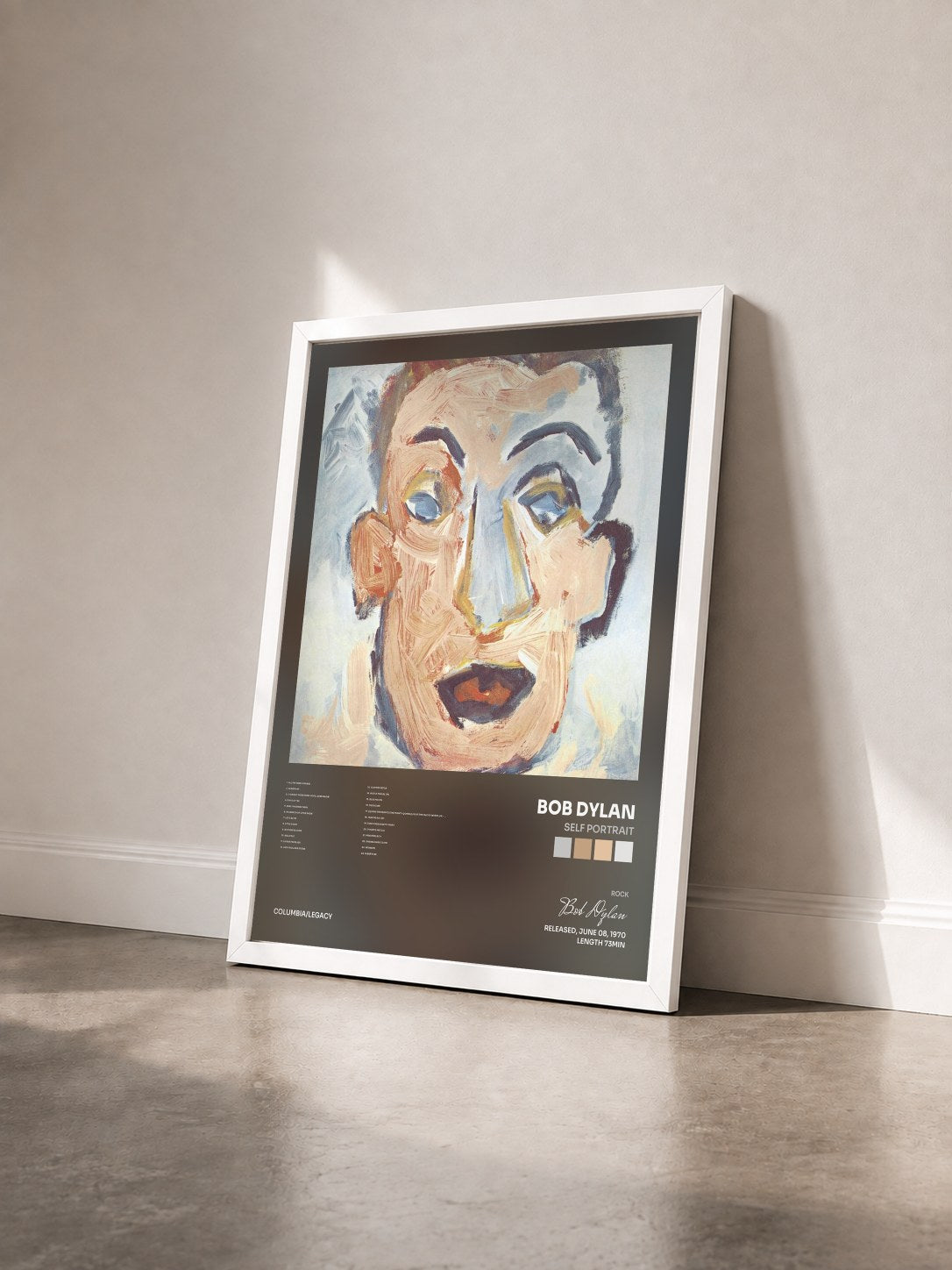 #blanc Tableau de l'album Self Portrait de Bob Dylan vu de trois quarts, cadre blanc