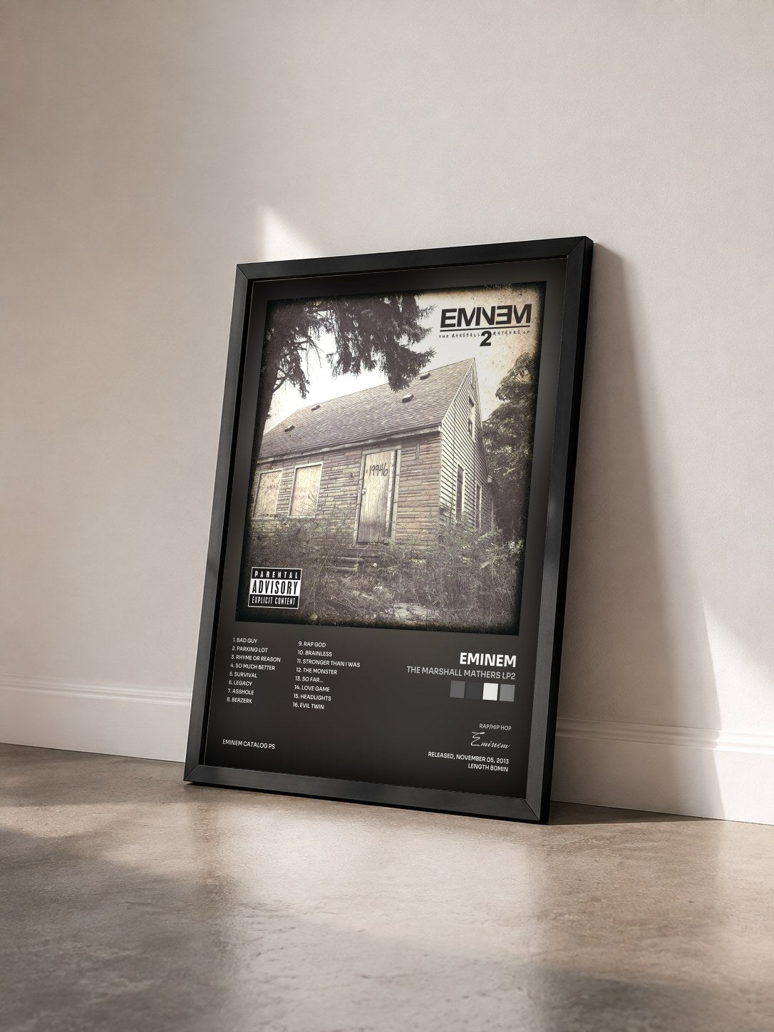 #noir Tableau de l'album The Marshall Mathers LP2 de Eminem vu de trois quarts, cadre noir