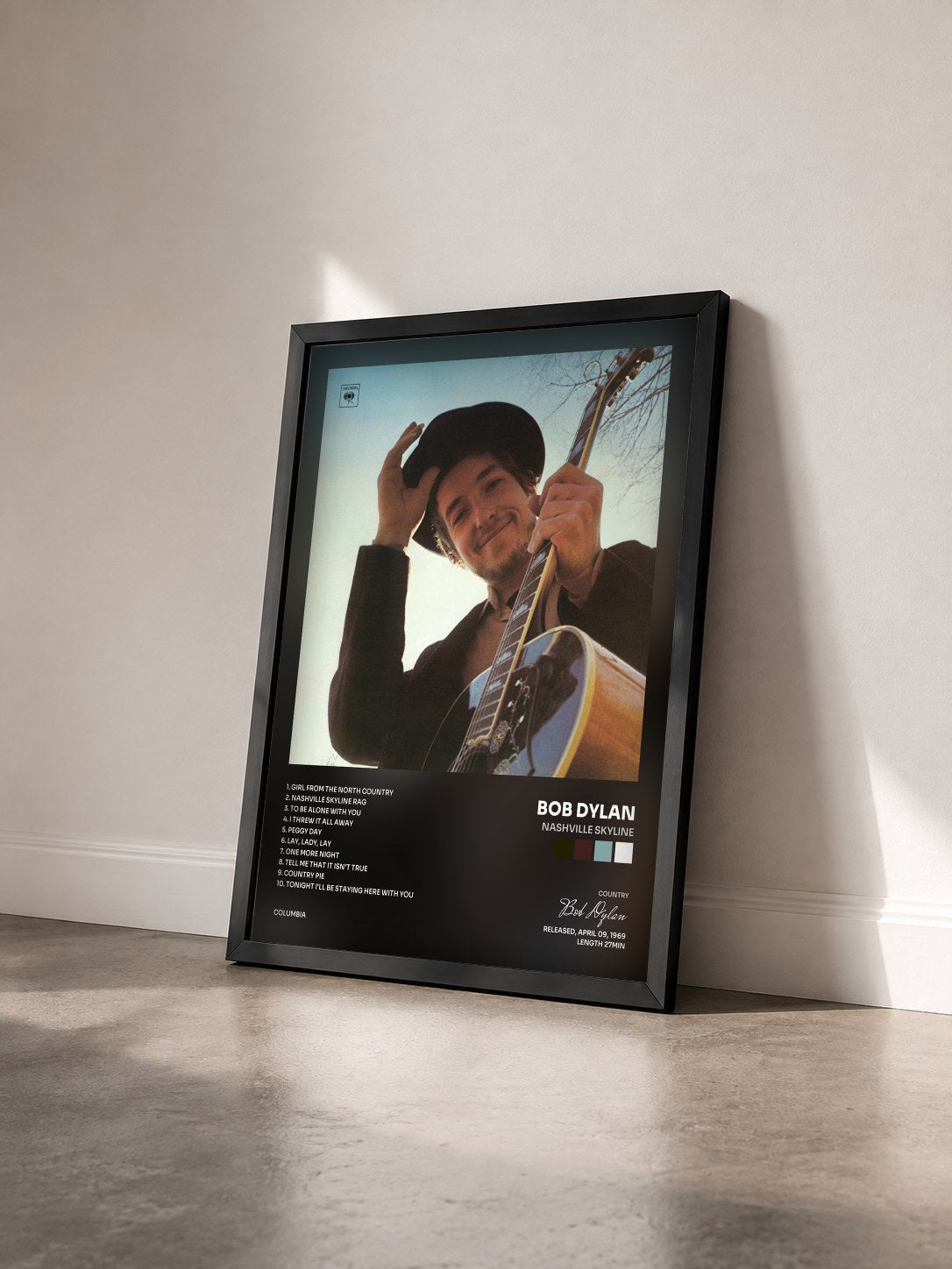 #noir Tableau de l'album Nashville Skyline de Bob Dylan vu de trois quarts, cadre noir