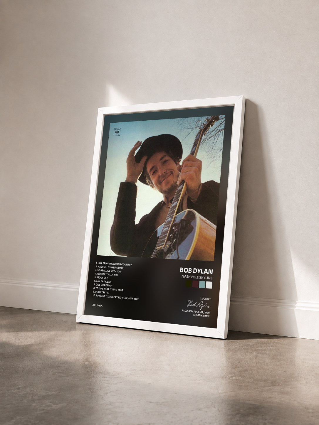 #blanc Tableau de l'album Nashville Skyline de Bob Dylan vu de trois quarts, cadre blanc