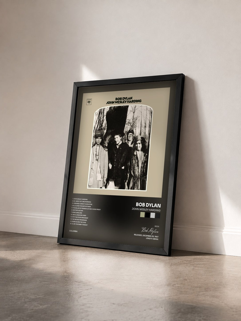 #noir John Wesley Harding by Bob Dylan as a framed art print seen at an angle, black frame