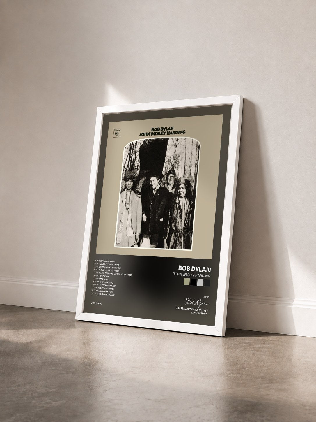 #blanc Tableau de l'album John Wesley Harding de Bob Dylan vu de trois quarts, cadre blanc